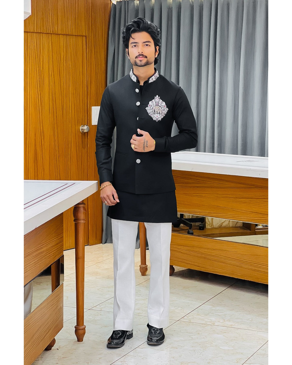 Men's Black Premium Handwork Pair Set with Designer Nehru Jacket