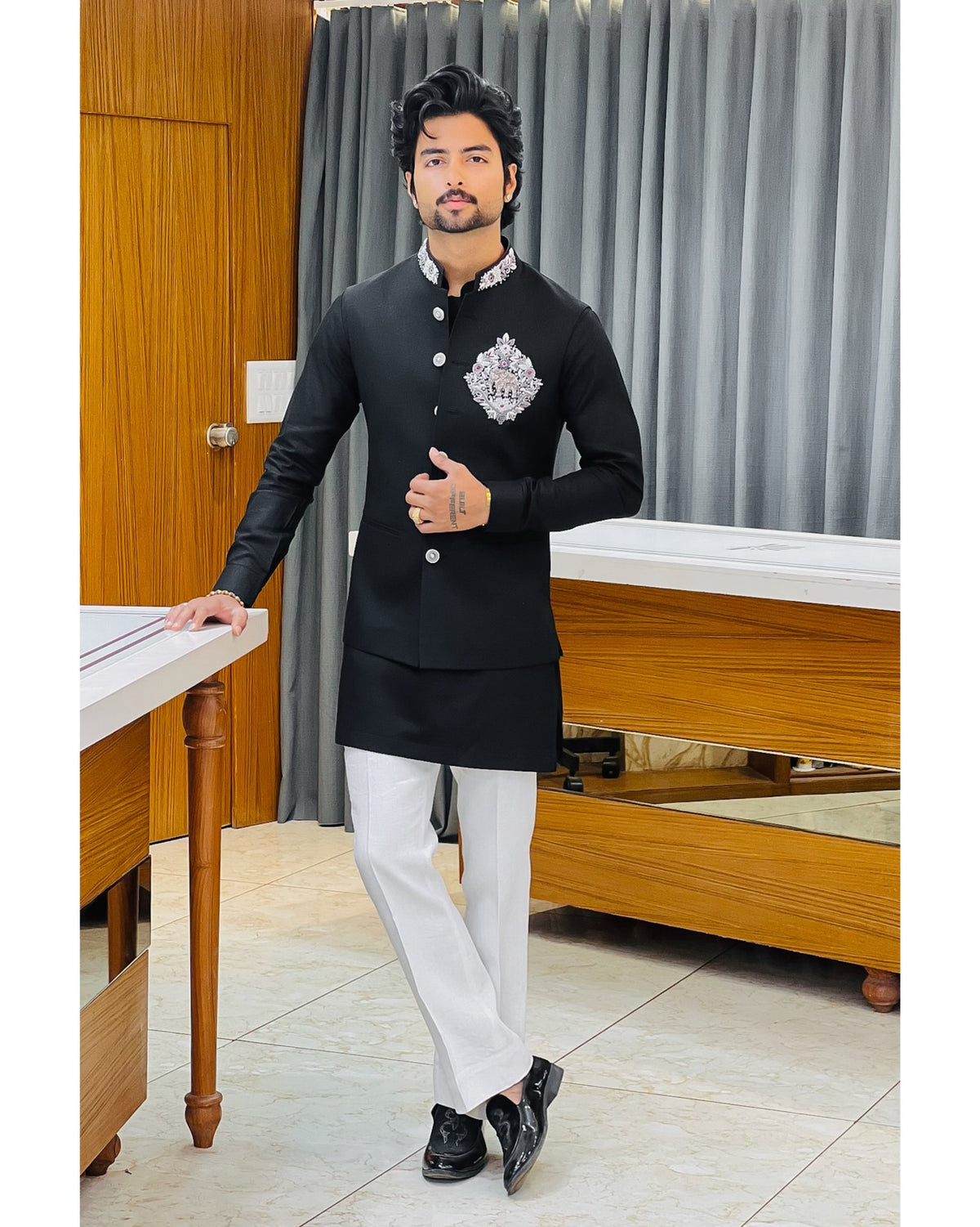 Men's Black Premium Handwork Pair Set with Designer Nehru Jacket