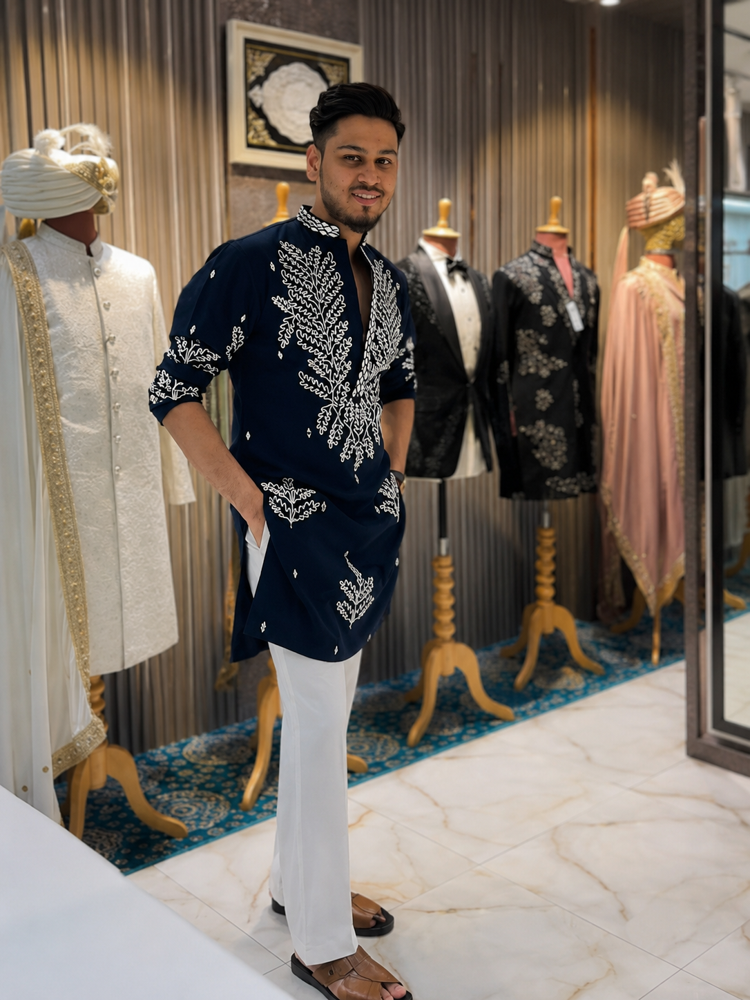 Men’s Navy Blue Embroidered Kurta with White Threadwork