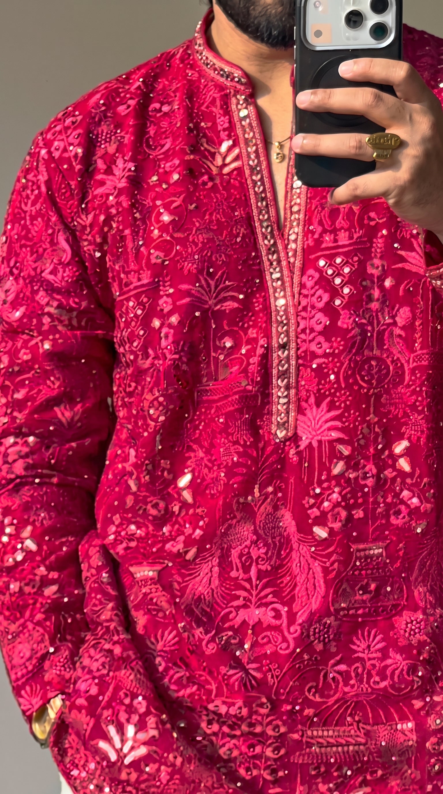 Men's Premium Embroidery Pink Embroidered Kurta