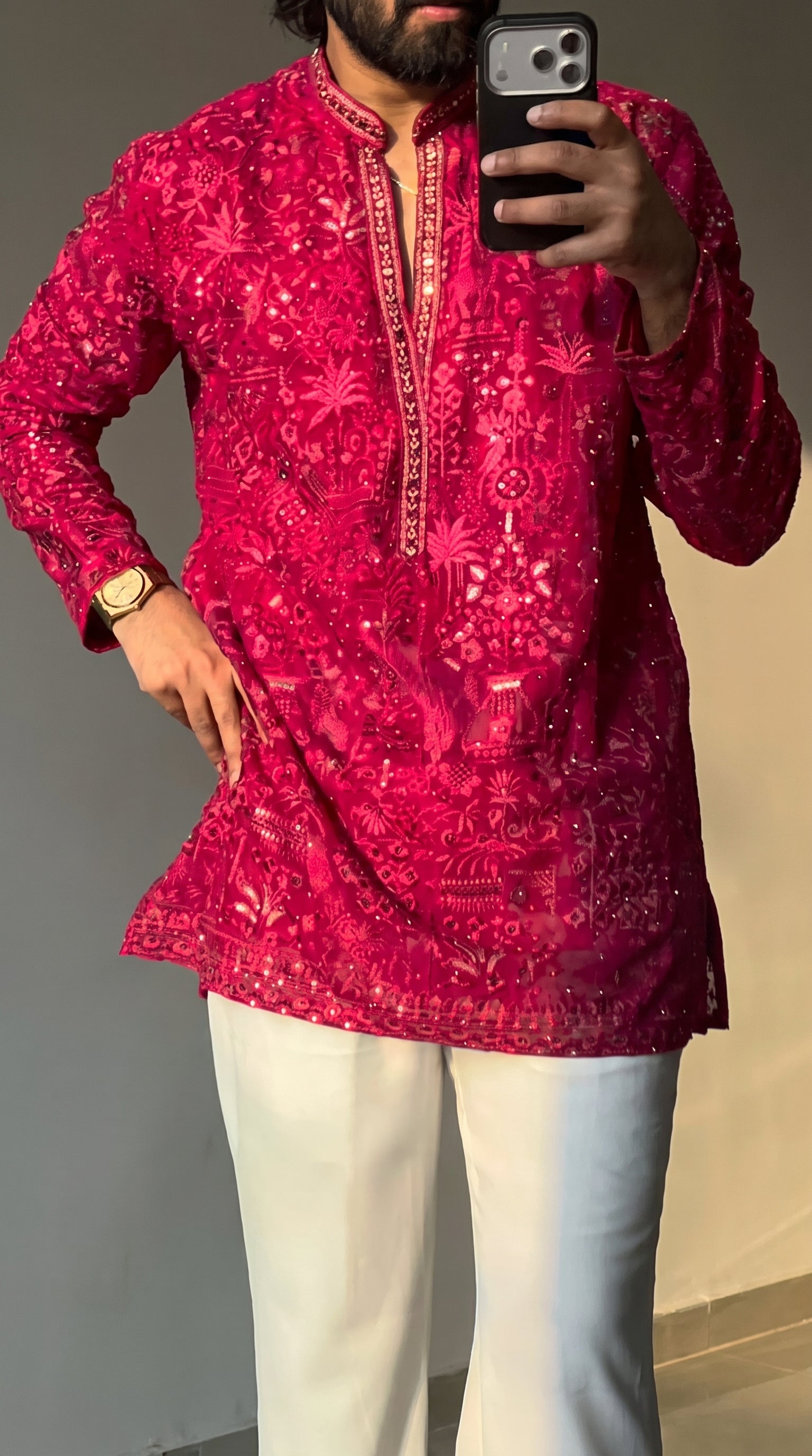 Men's Premium Embroidery Pink Embroidered Kurta