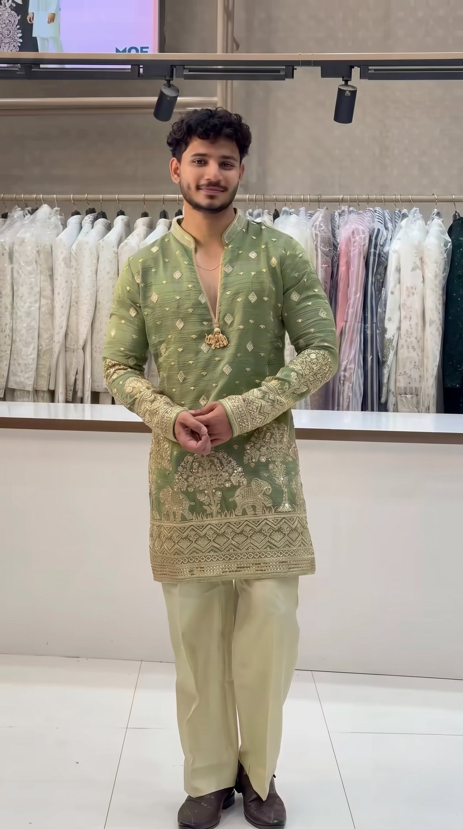 Trendy Green Embroidered V-Neck Short Kurta for Men