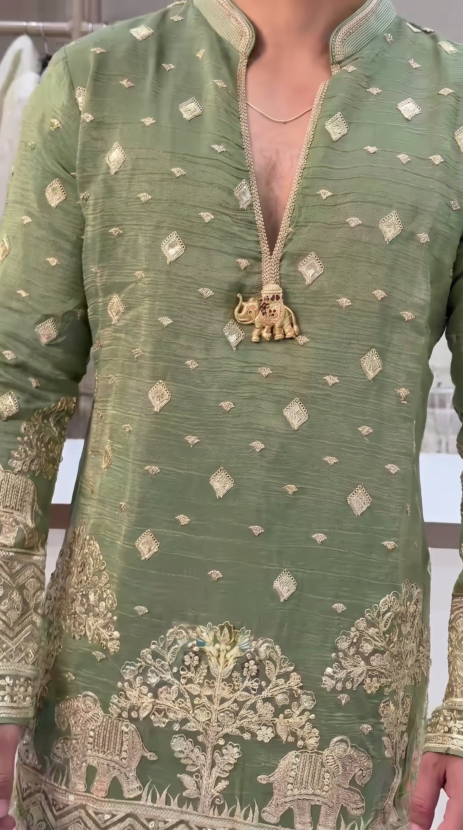 Trendy Green Embroidered V-Neck Short Kurta for Men