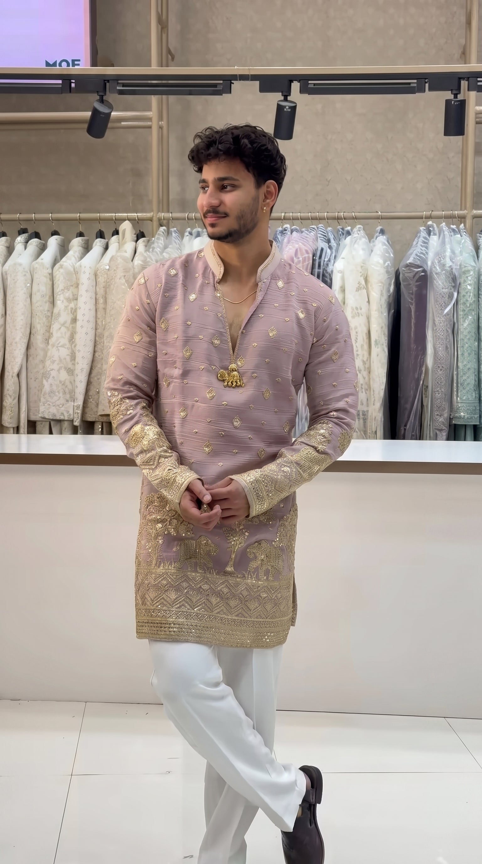 Trendy Pink Embroidered V-Neck Short Kurta for Men