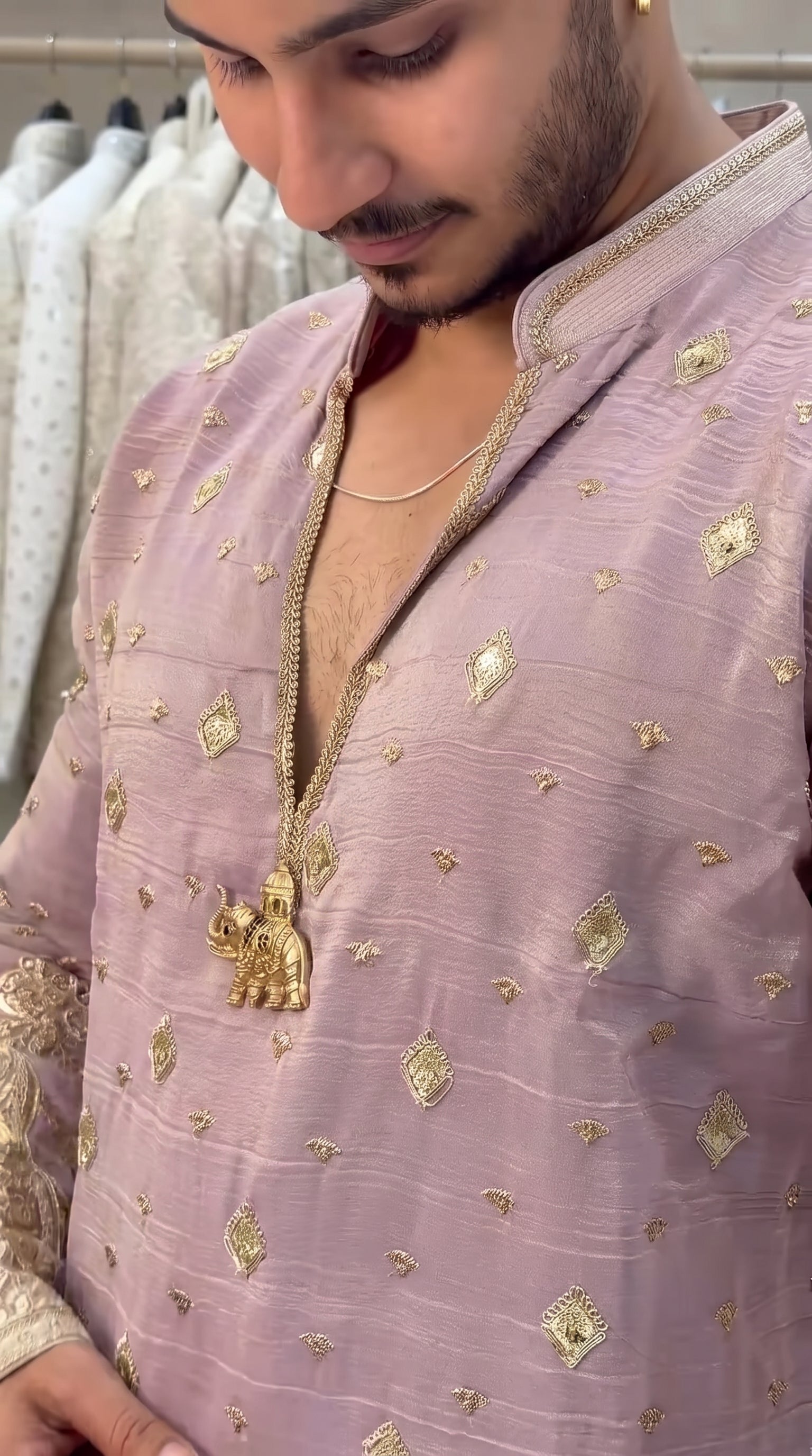 Trendy Pink Embroidered V-Neck Short Kurta for Men