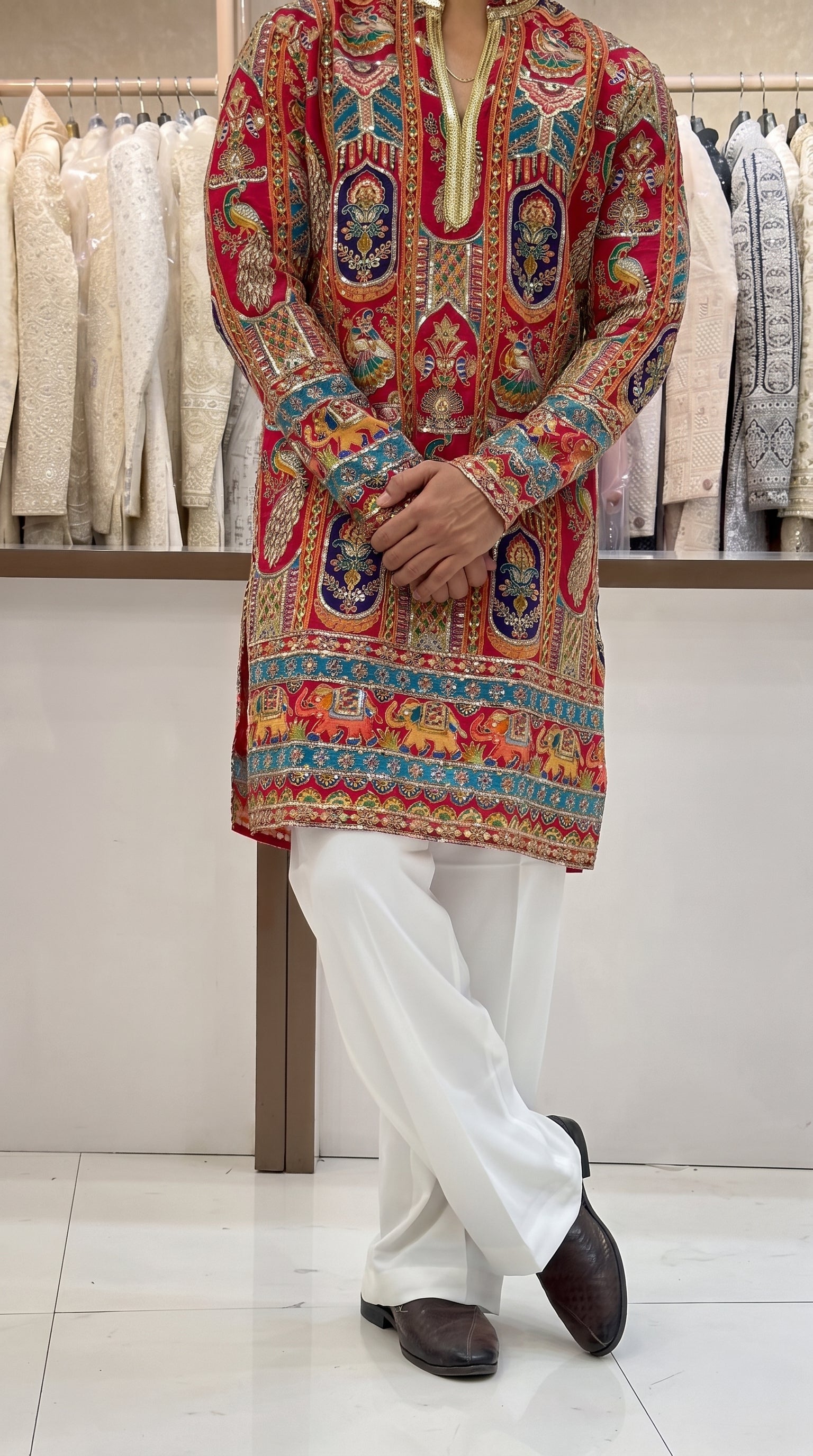 Men's Premium Red Peacock Print Designer Kurta