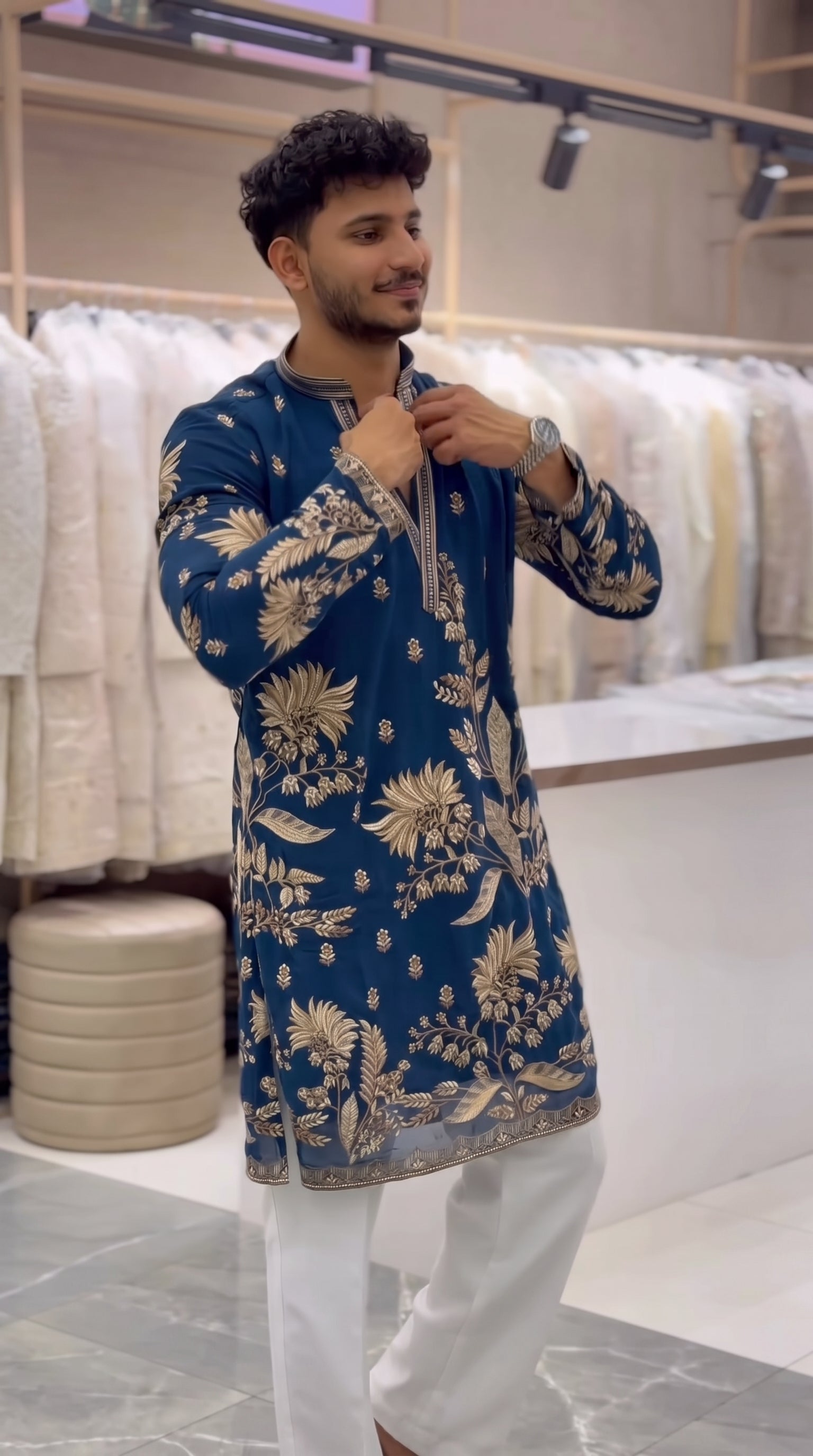 Men's Premium Royal Blue Embroidered Kurta