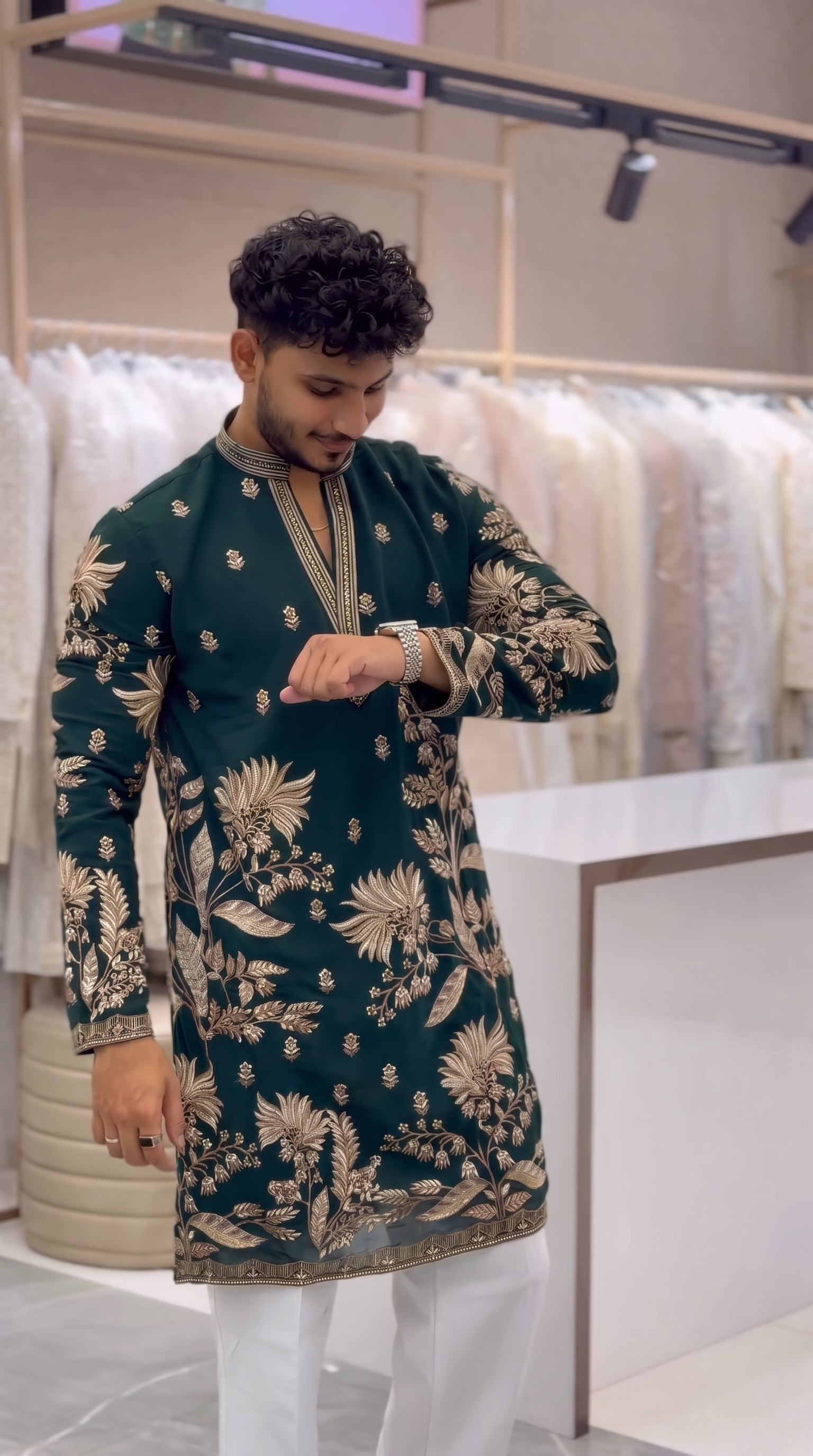 Men's Premium Dark Green Embroidered Kurta