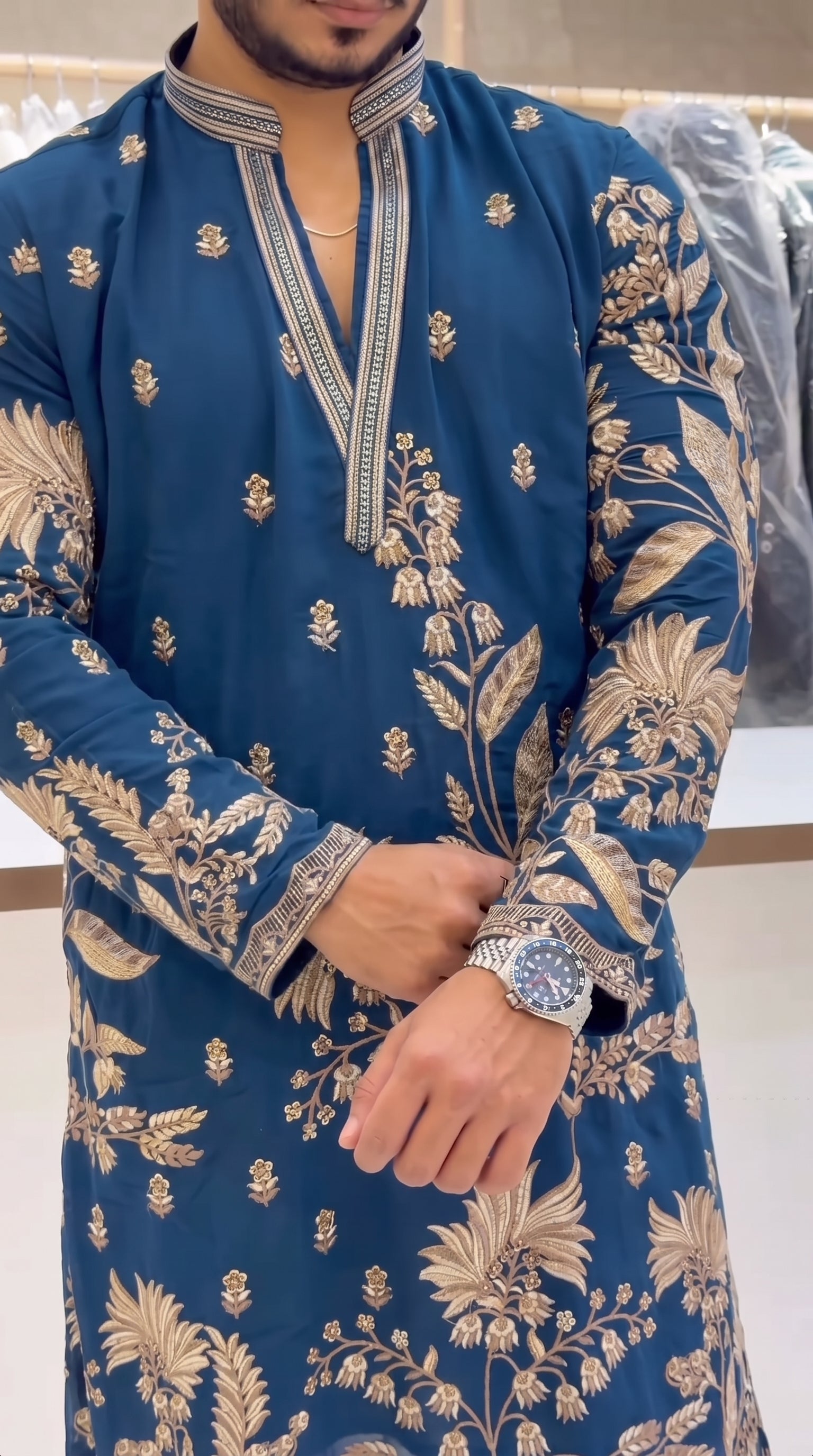 Men's Premium Royal Blue Embroidered Kurta