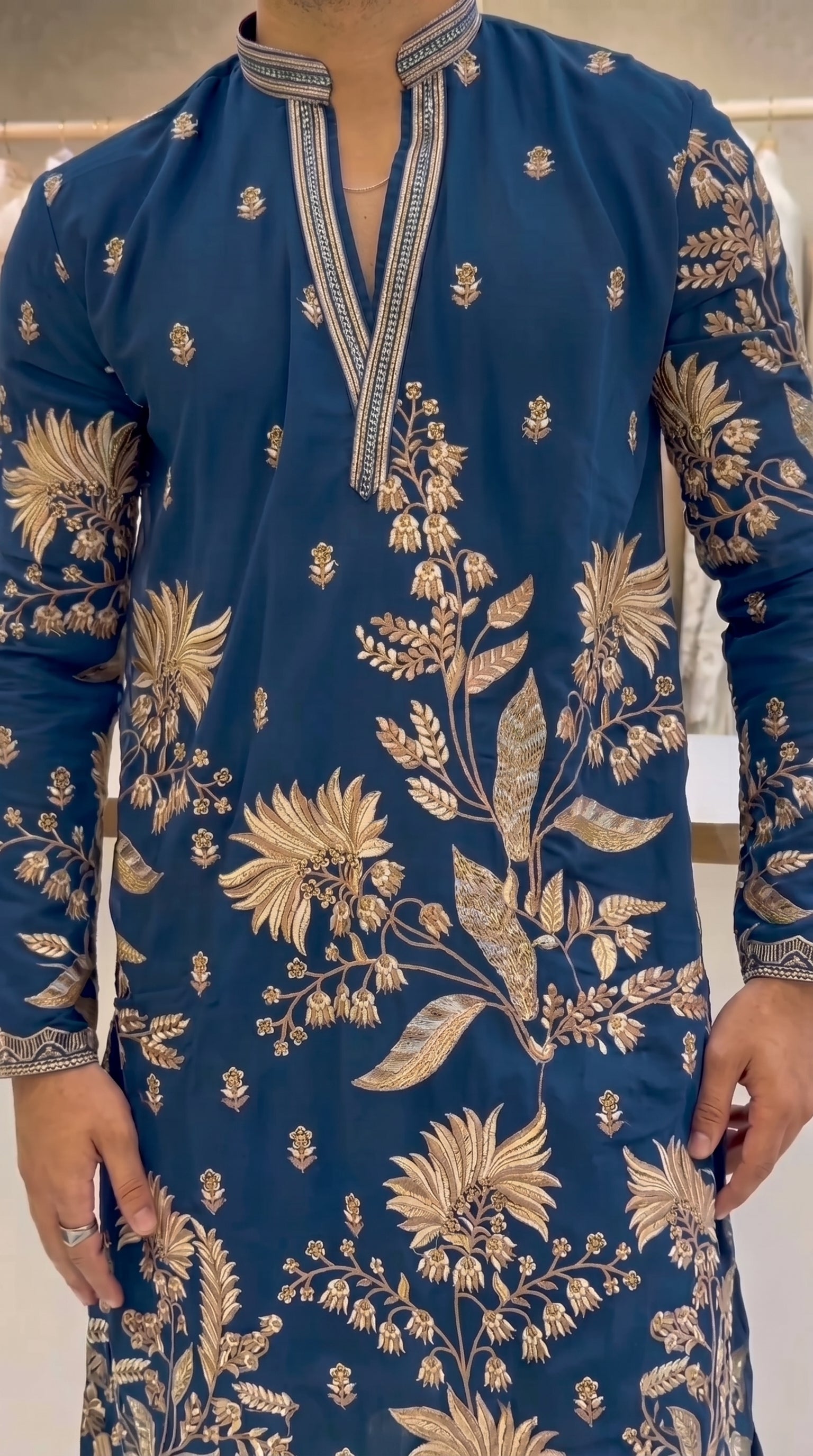 Men's Premium Royal Blue Embroidered Kurta