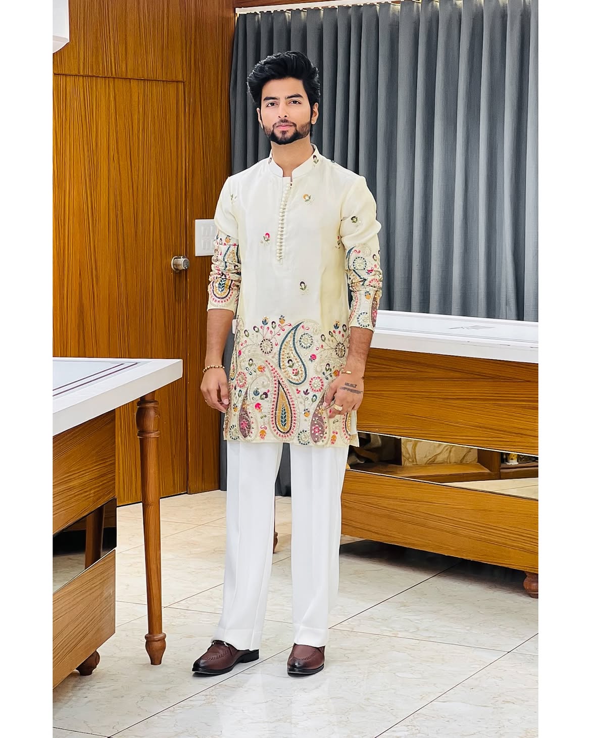 Men's Dark White Embroidered Designer Kurta