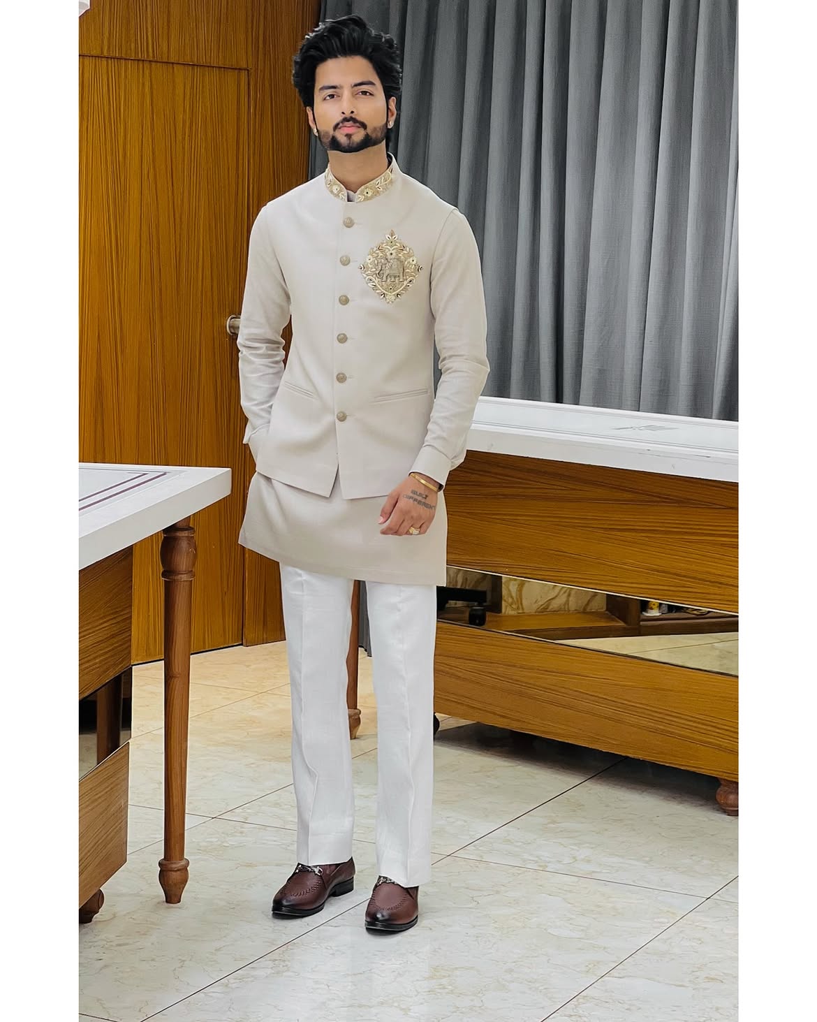Men's Premium Handwork Linen Pair Set with Designer Nehru Jacket