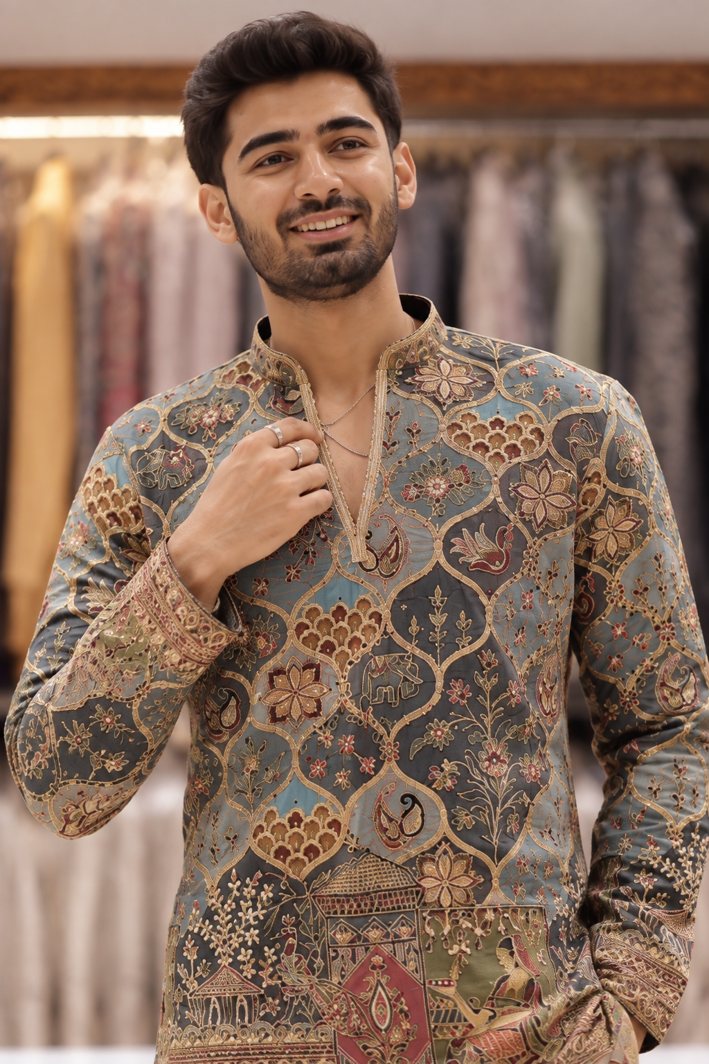 Men’s Heavy Embroidered Short Kurta Only – Trendy V-Neck Ethnic Wear