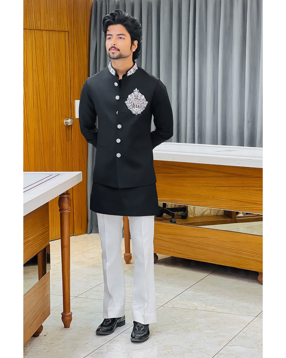 Men's Black Premium Handwork Pair Set with Designer Nehru Jacket