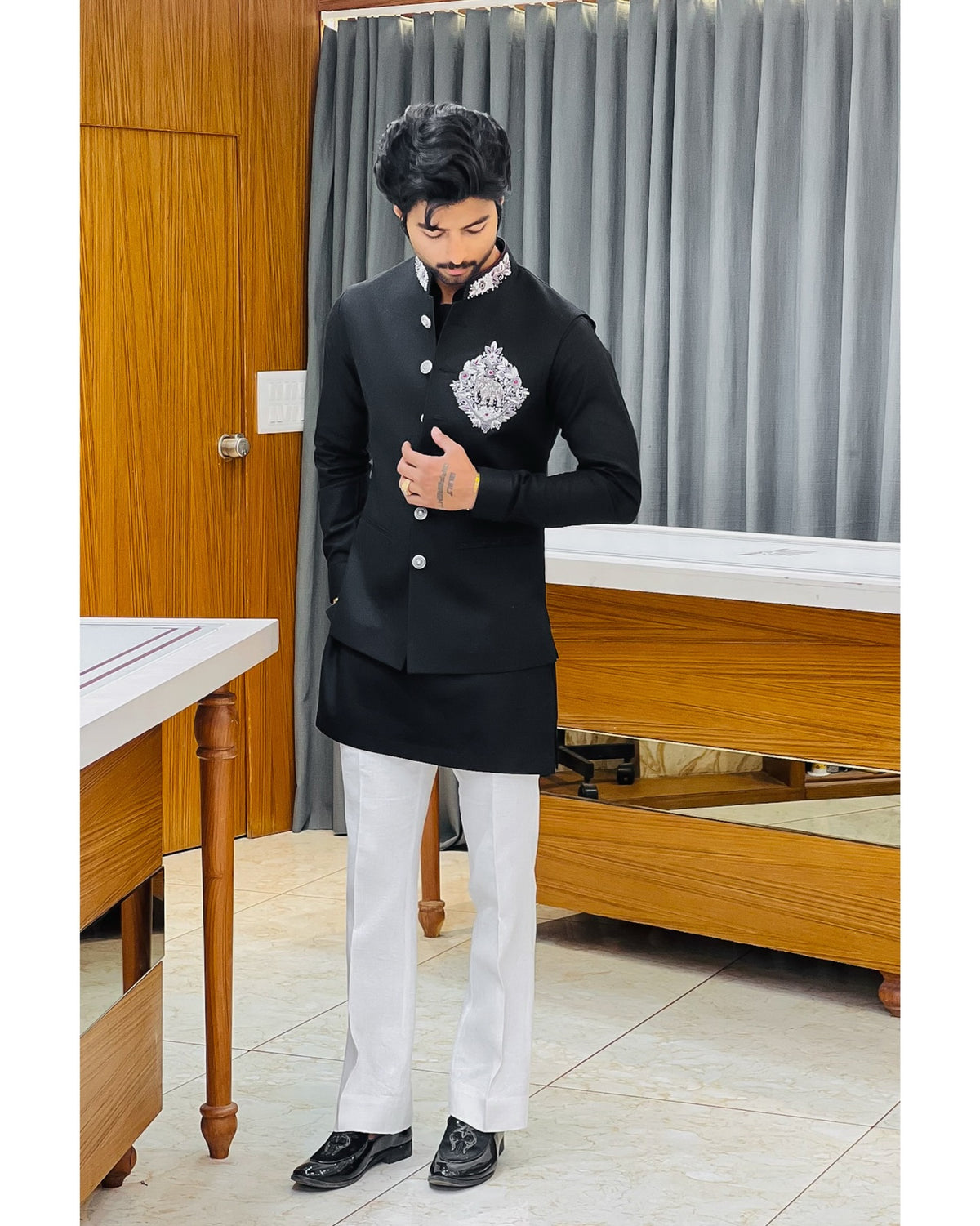 Men's Black Premium Handwork Pair Set with Designer Nehru Jacket