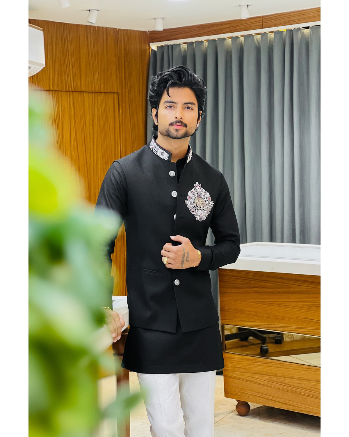 Men's Black Premium Handwork Pair Set with Designer Nehru Jacket