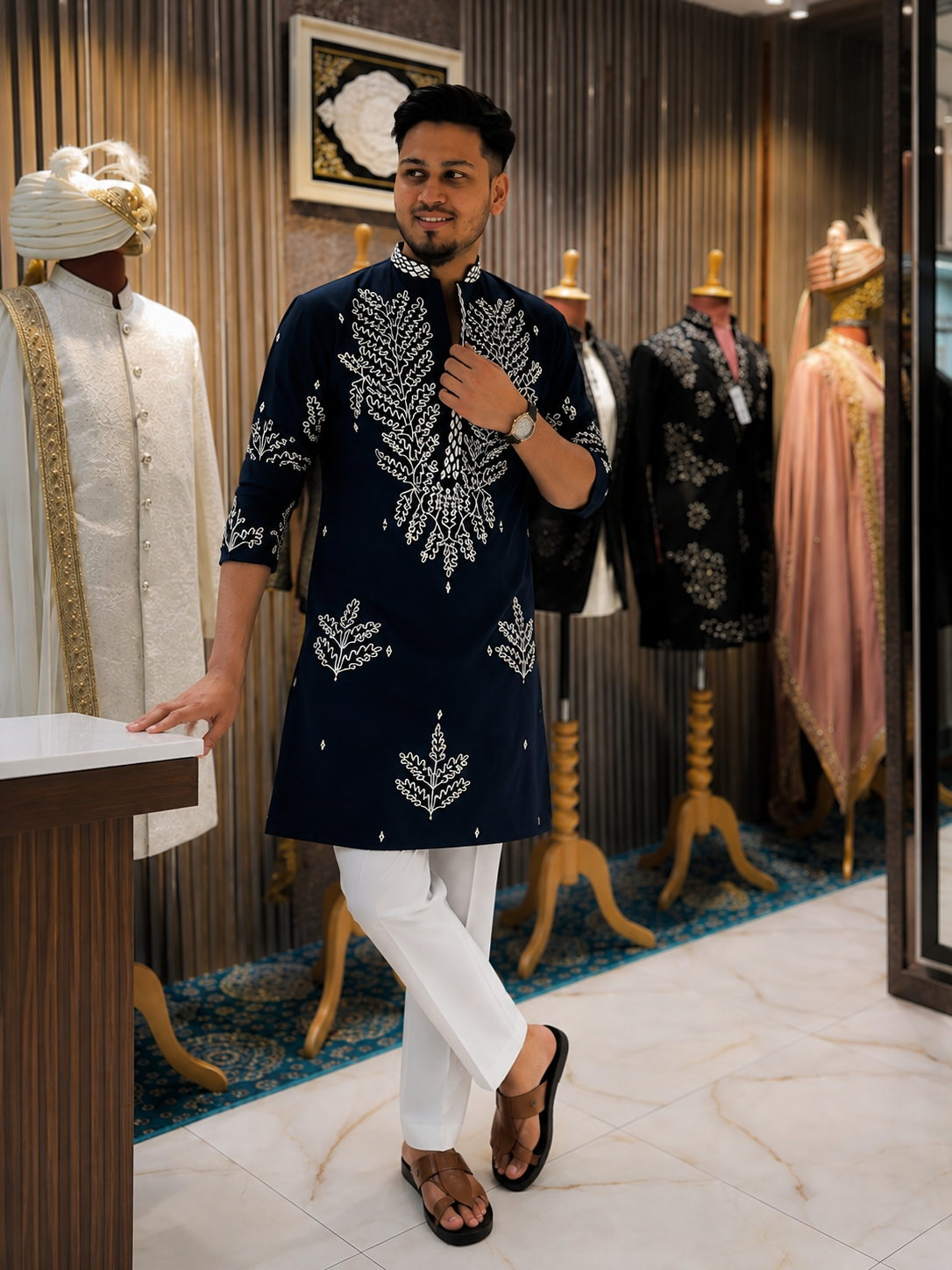 Men’s Navy Blue Embroidered Kurta with White Threadwork