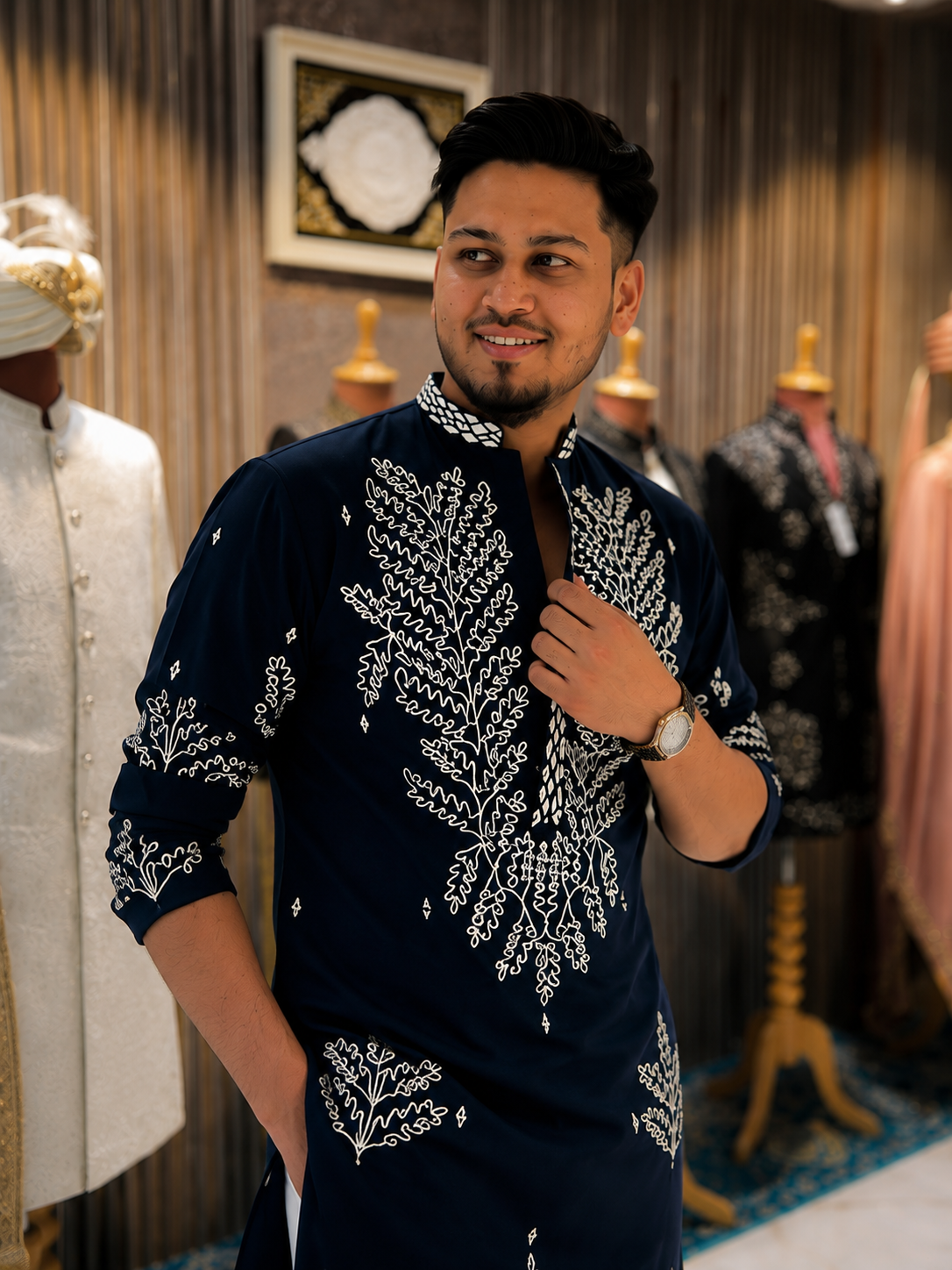 Men’s Navy Blue Embroidered Kurta with White Threadwork