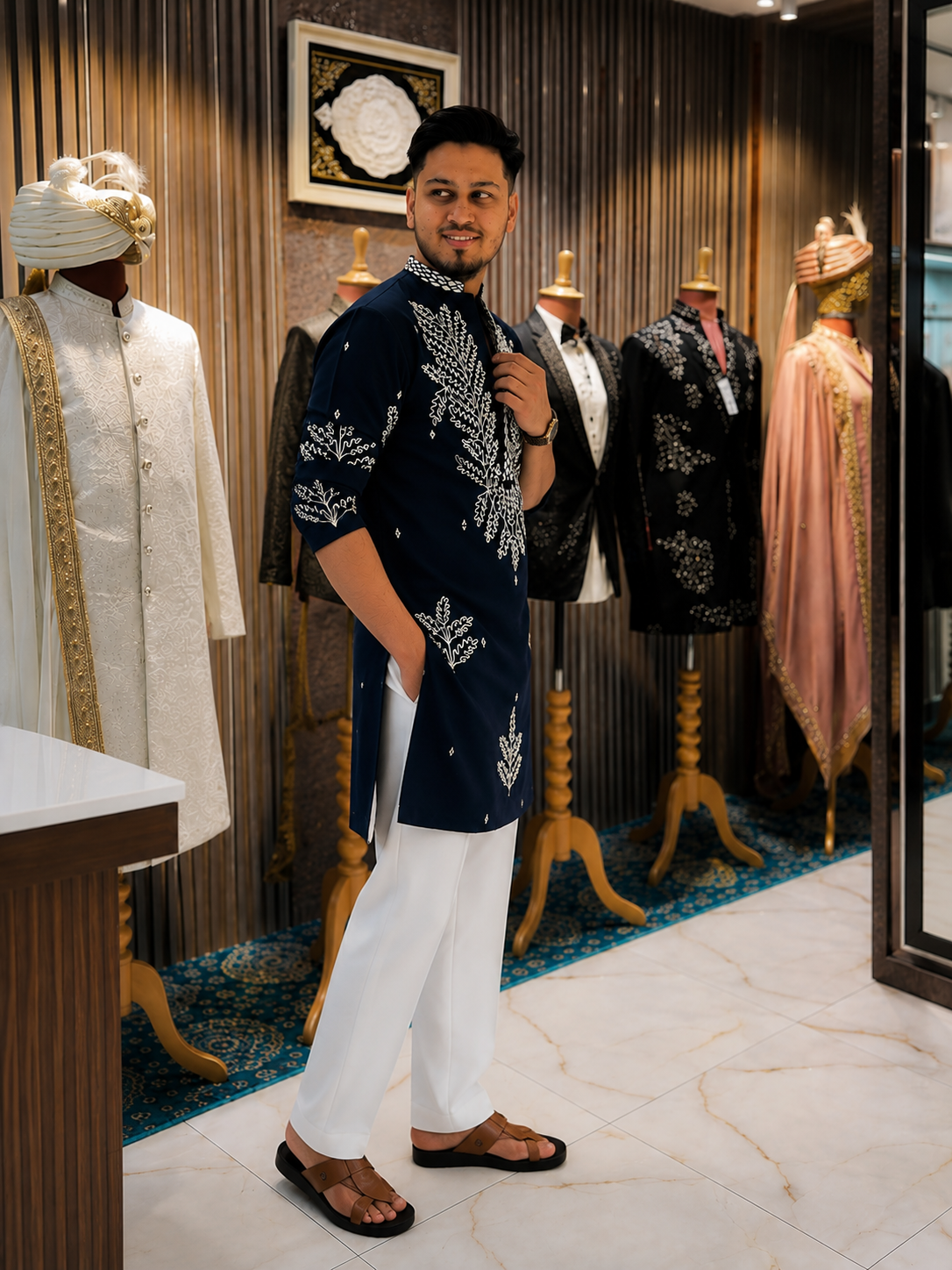 Men’s Navy Blue Embroidered Kurta with White Threadwork
