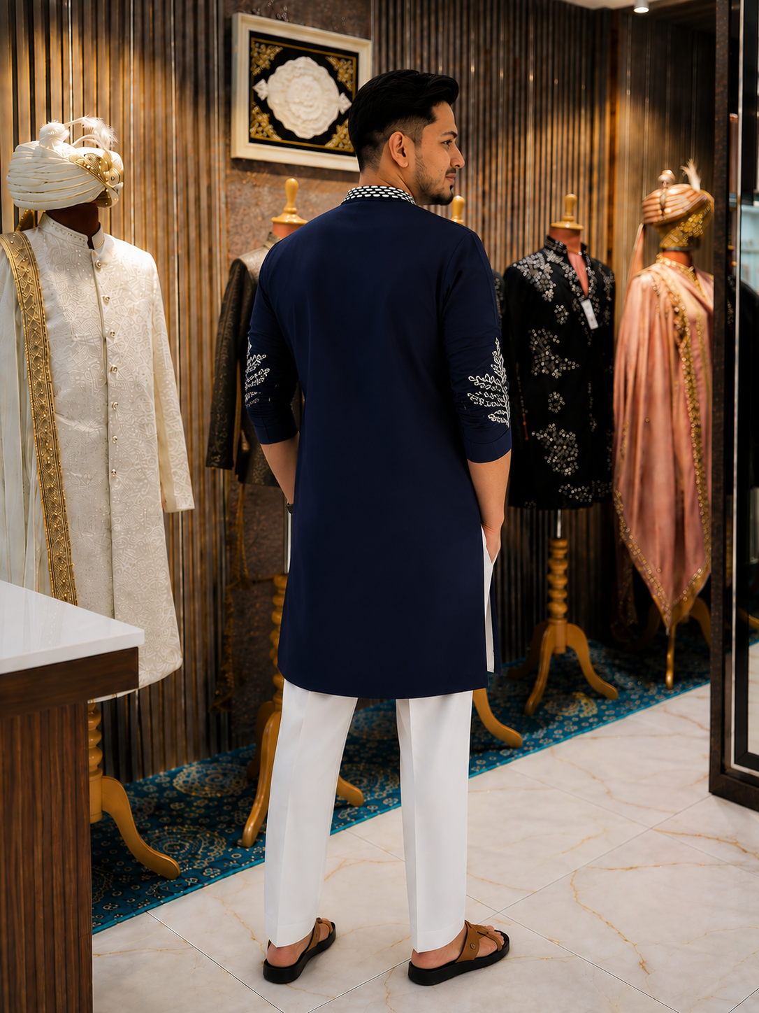 Men’s Navy Blue Embroidered Kurta with White Threadwork