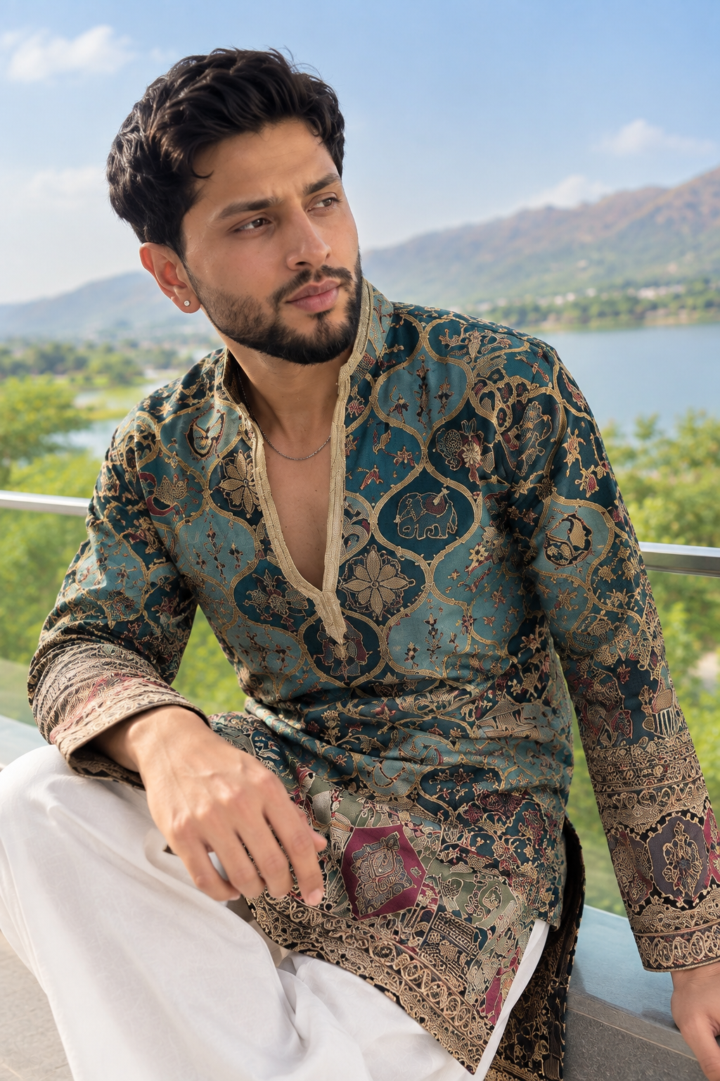 Men’s Heavy Embroidered Short Kurta Only – Trendy V-Neck Ethnic Wear