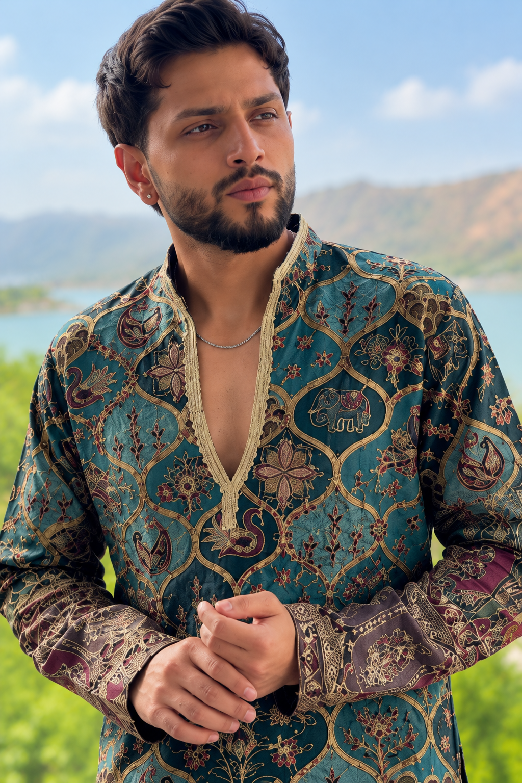 Men’s Heavy Embroidered Short Kurta Only – Trendy V-Neck Ethnic Wear