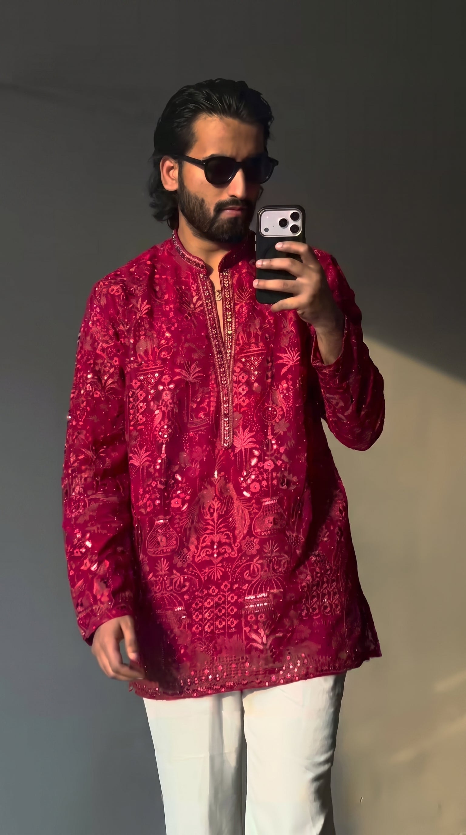 Men's Premium Embroidery Pink Embroidered Kurta