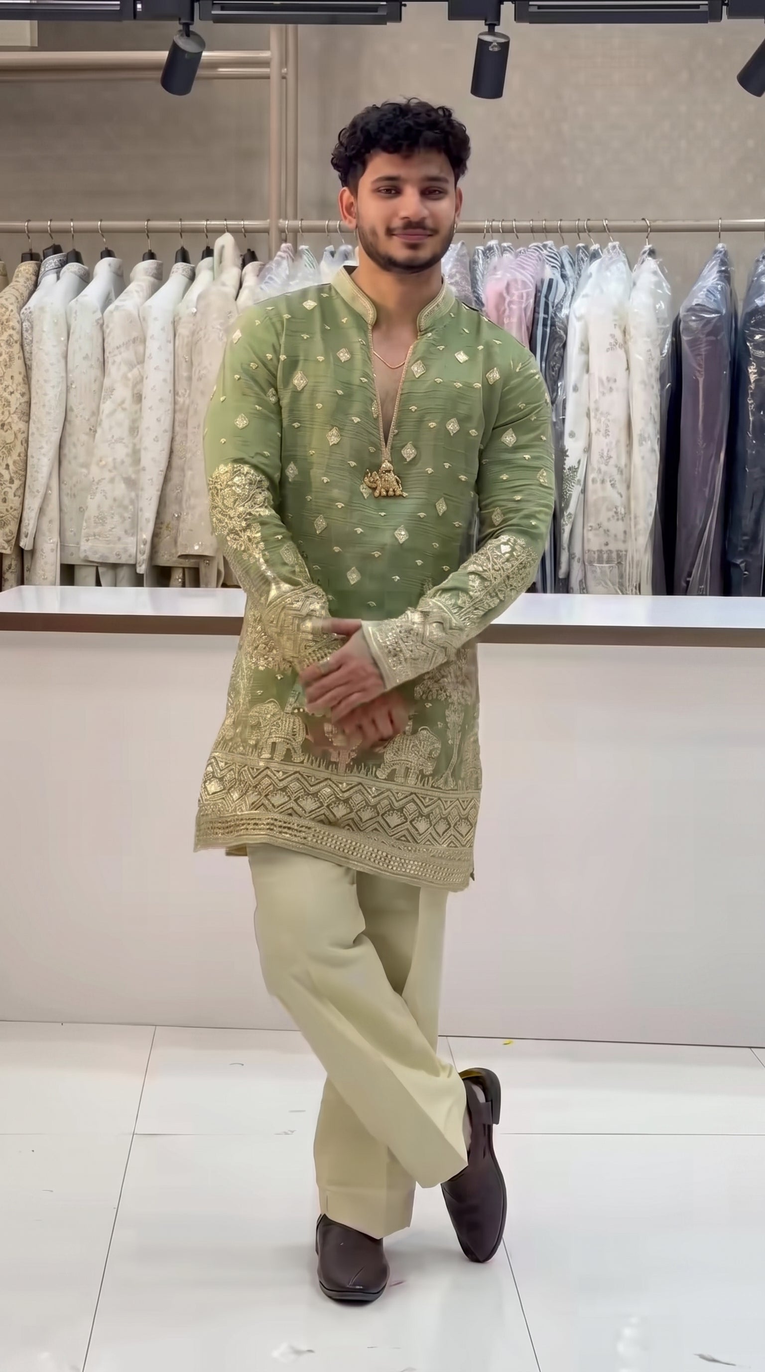 Trendy Green Embroidered V-Neck Short Kurta for Men