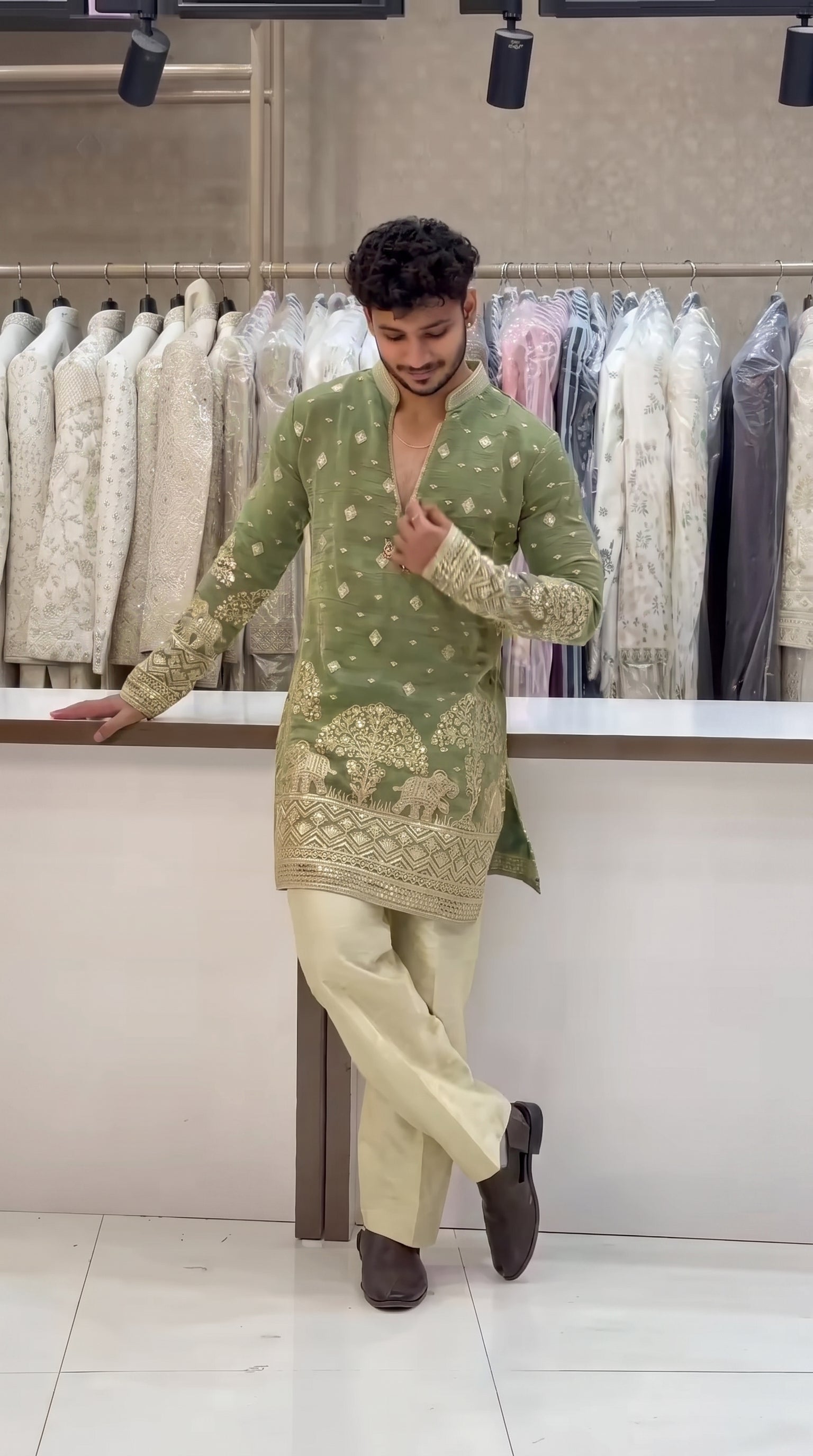 Trendy Green Embroidered V-Neck Short Kurta for Men