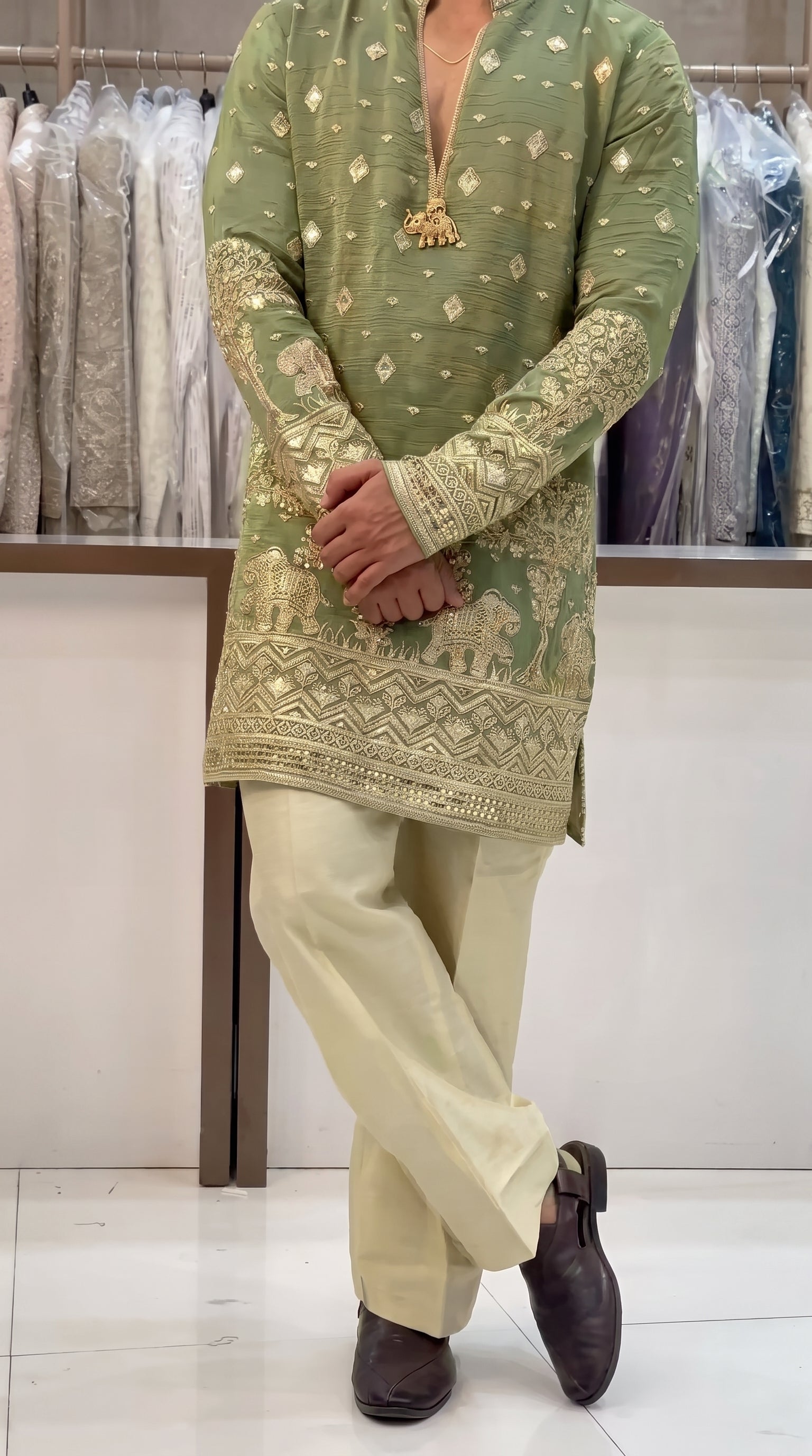 Trendy Green Embroidered V-Neck Short Kurta for Men