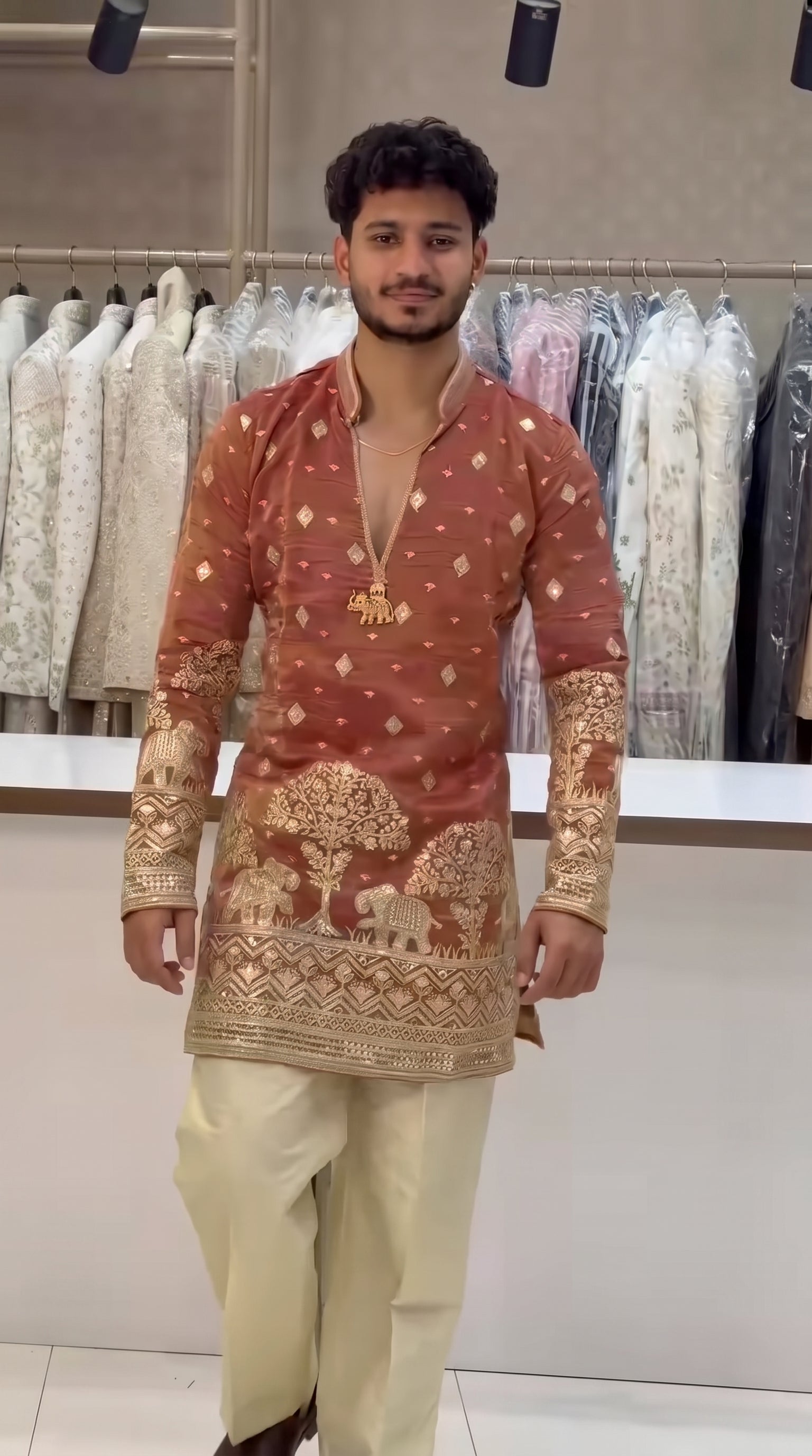 Trendy Musterd Embroidered V-Neck Short Kurta for Men
