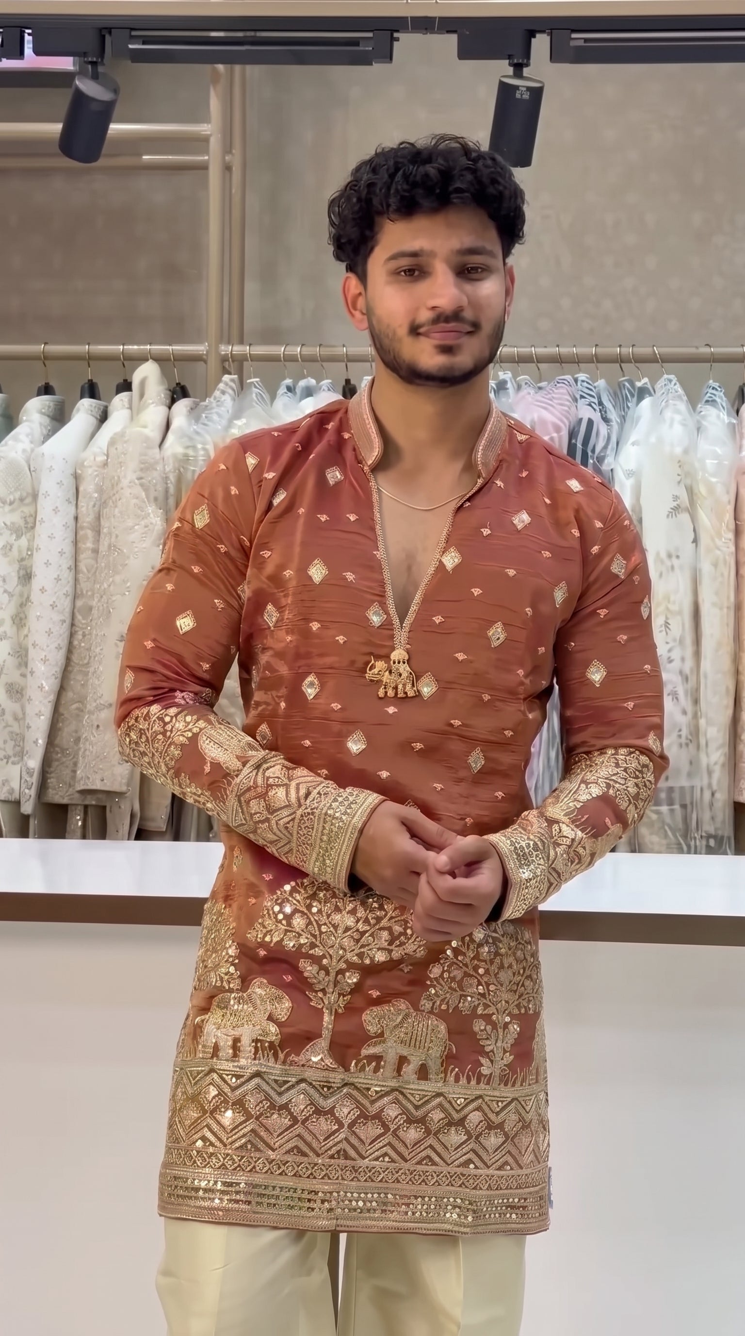 Trendy Musterd Embroidered V-Neck Short Kurta for Men