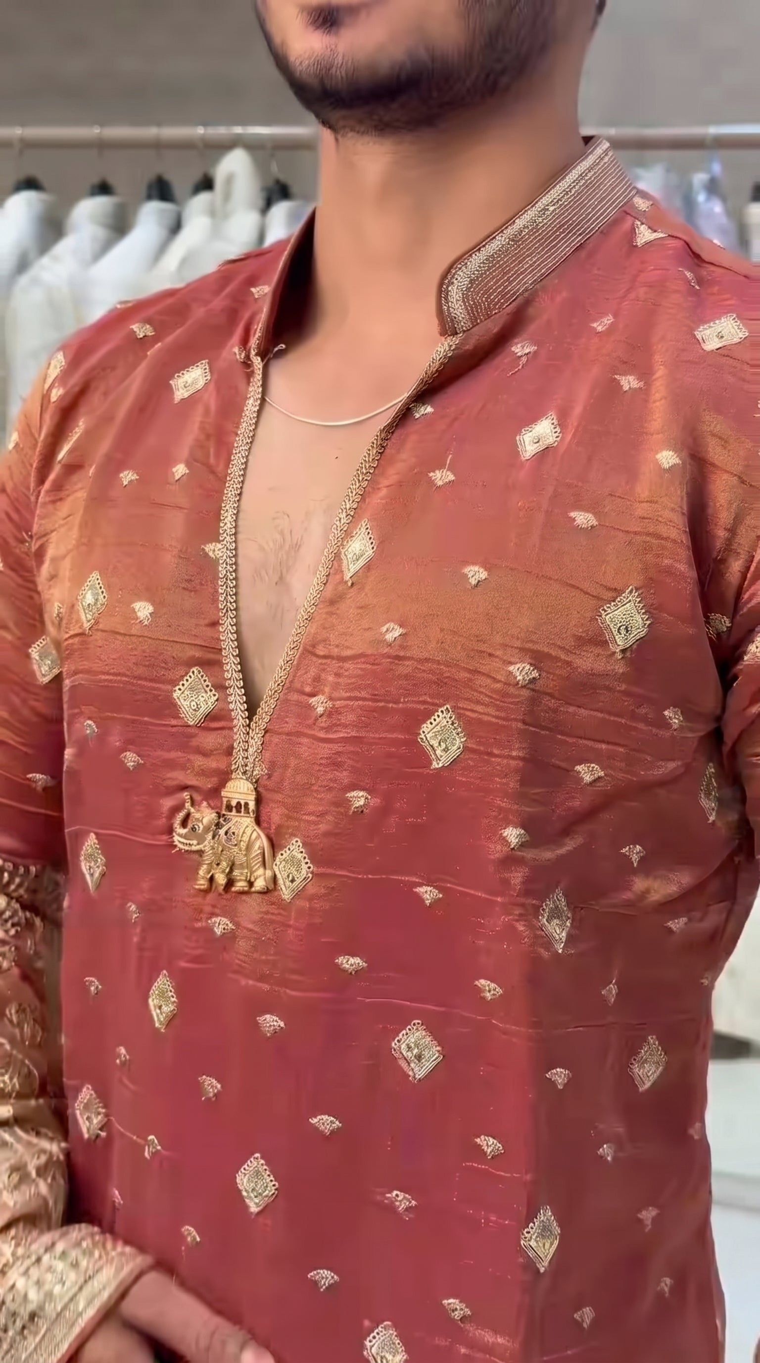 Trendy Musterd Embroidered V-Neck Short Kurta for Men