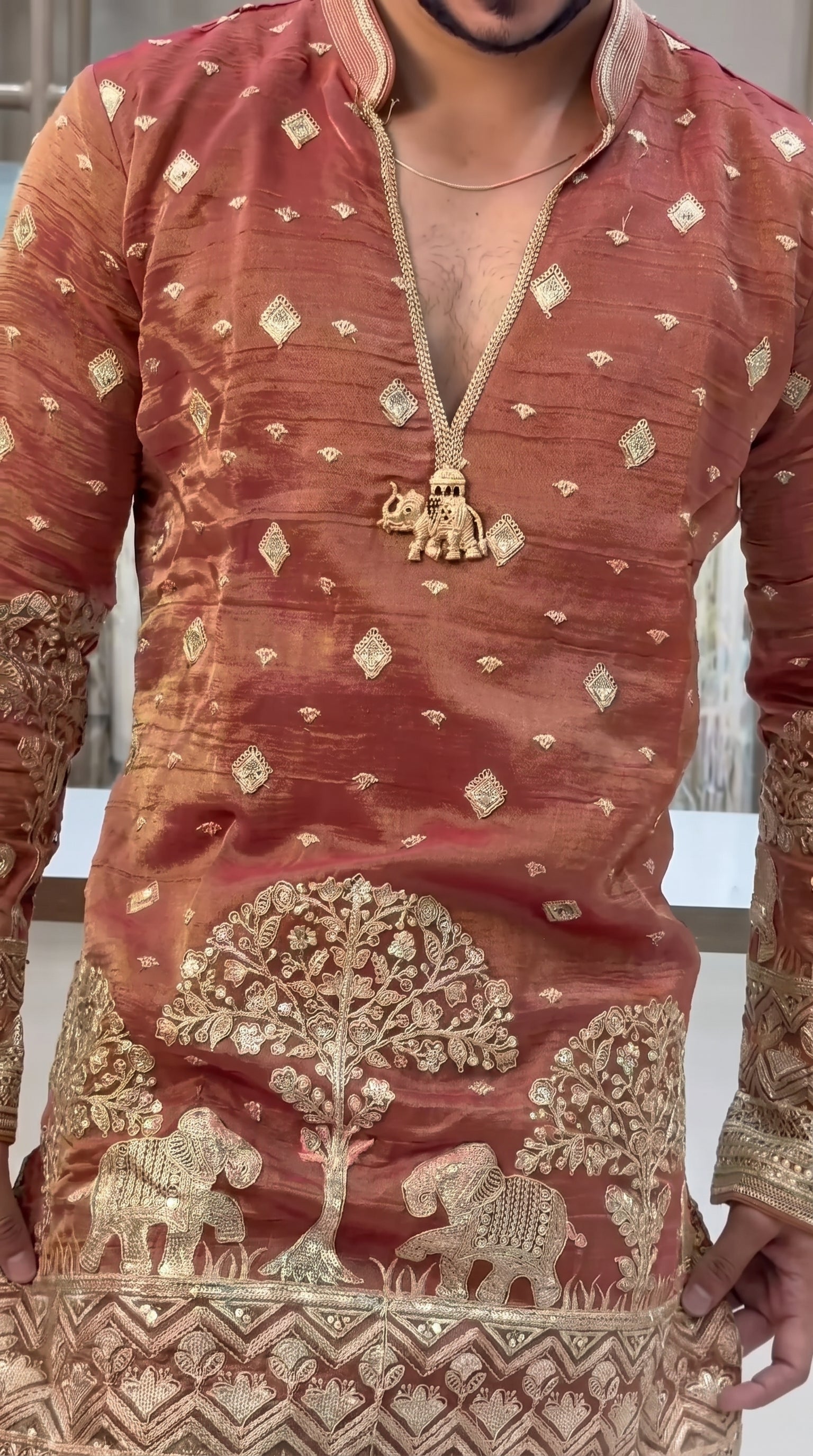 Trendy Musterd Embroidered V-Neck Short Kurta for Men