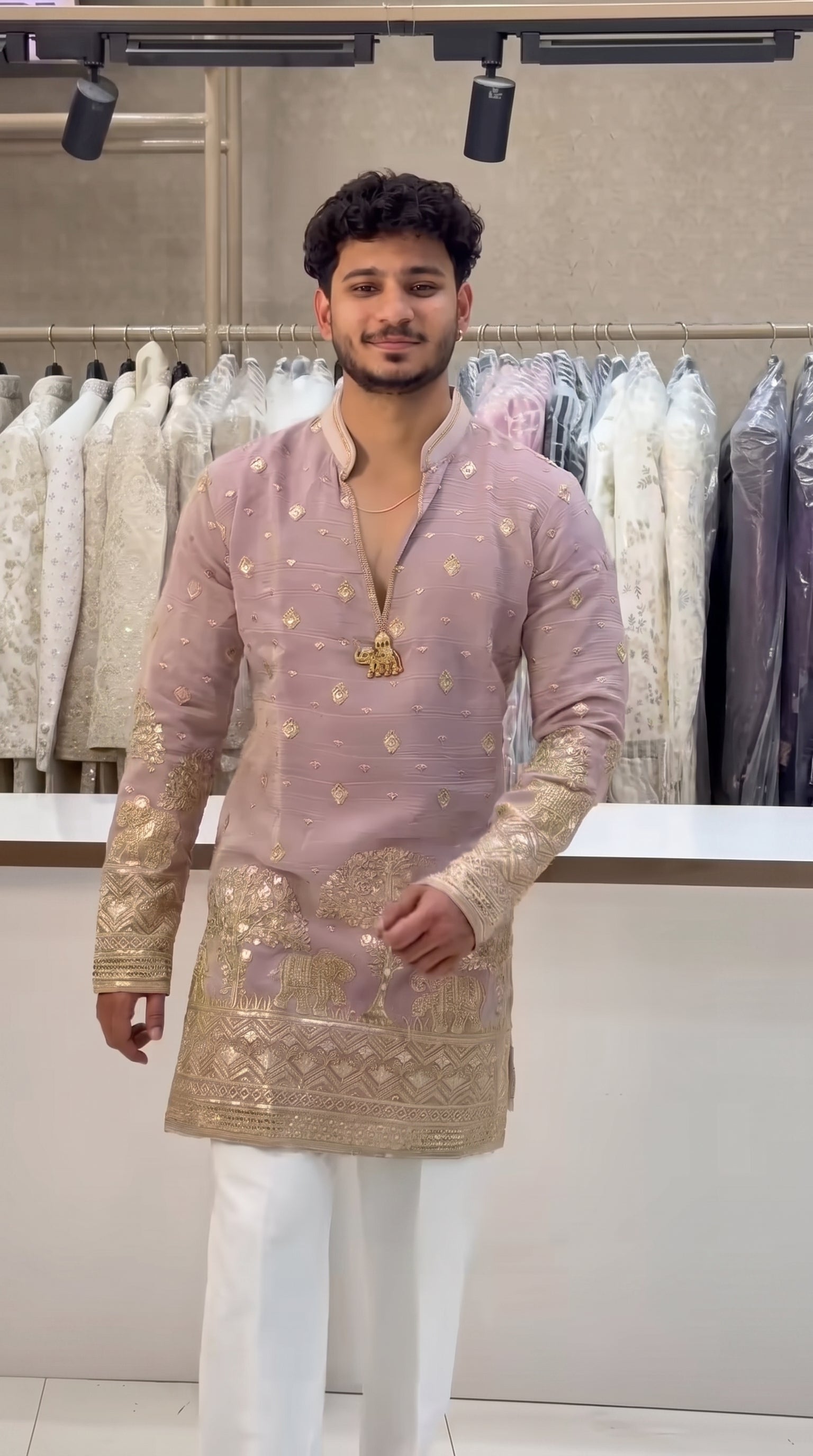 Trendy Pink Embroidered V-Neck Short Kurta for Men