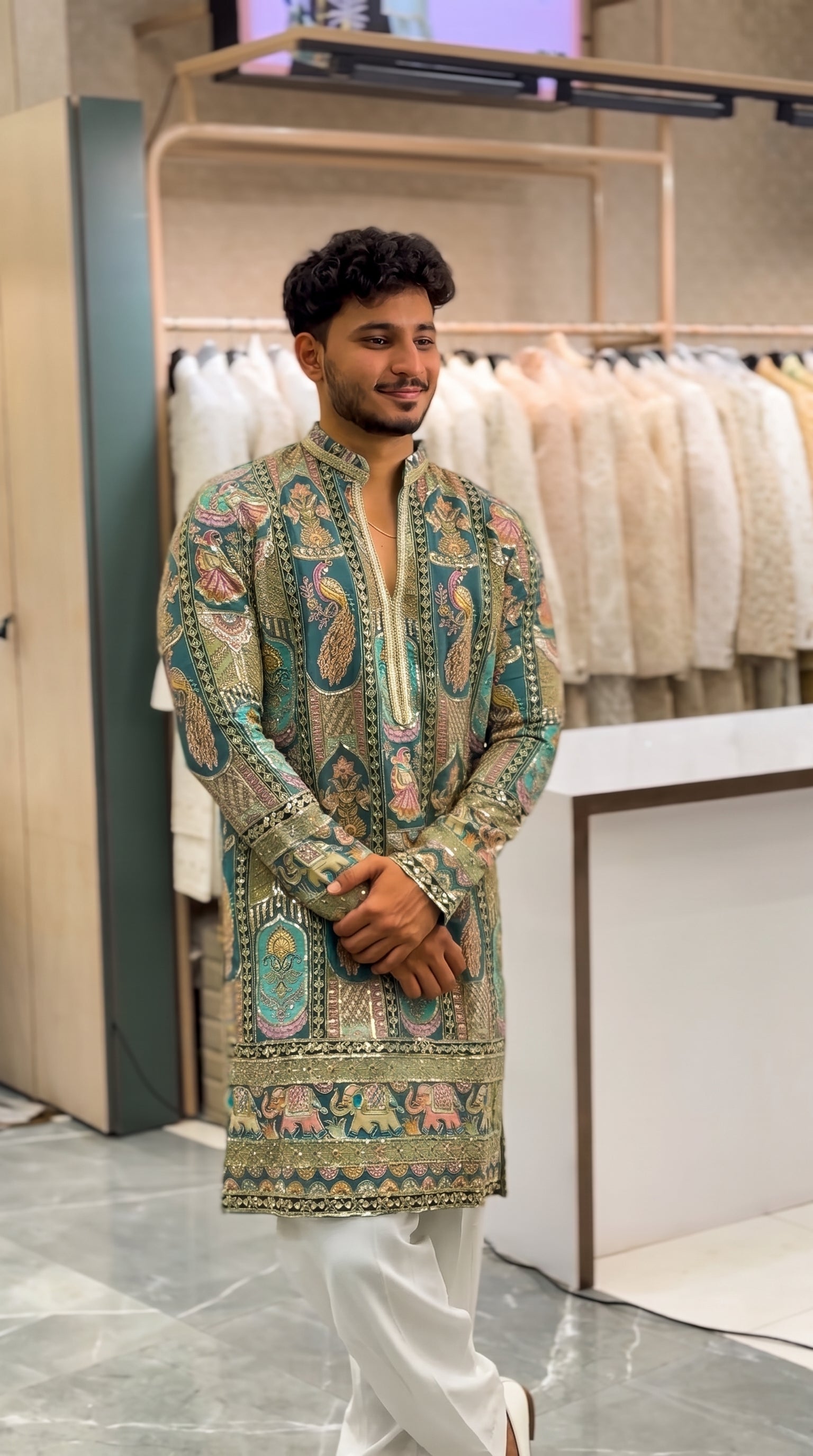 Men's Premium Rama Peacock Print Designer Kurta