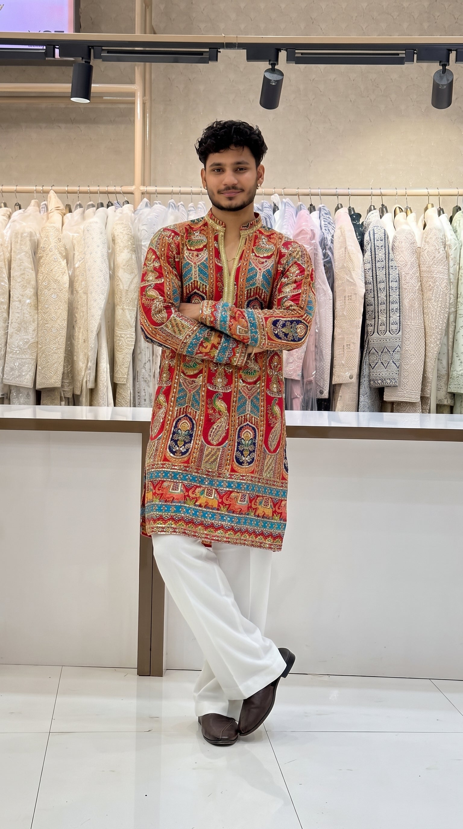 Men's Premium Red Peacock Print Designer Kurta