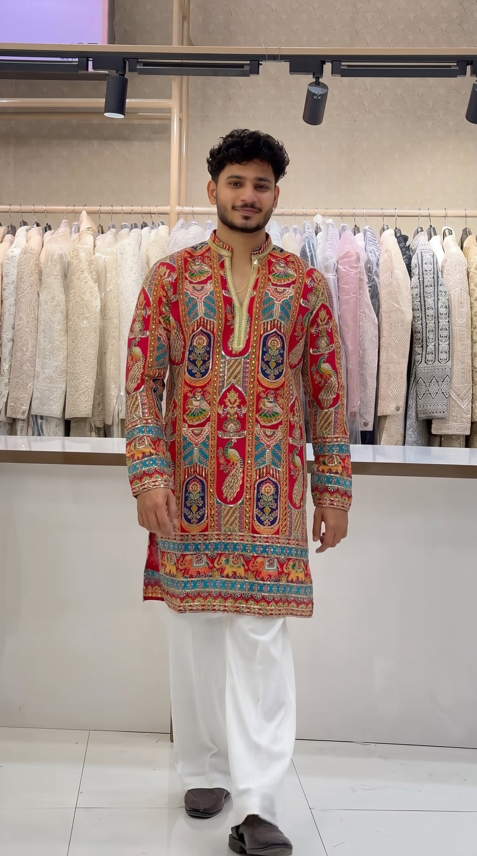 Men's Premium Red Peacock Print Designer Kurta