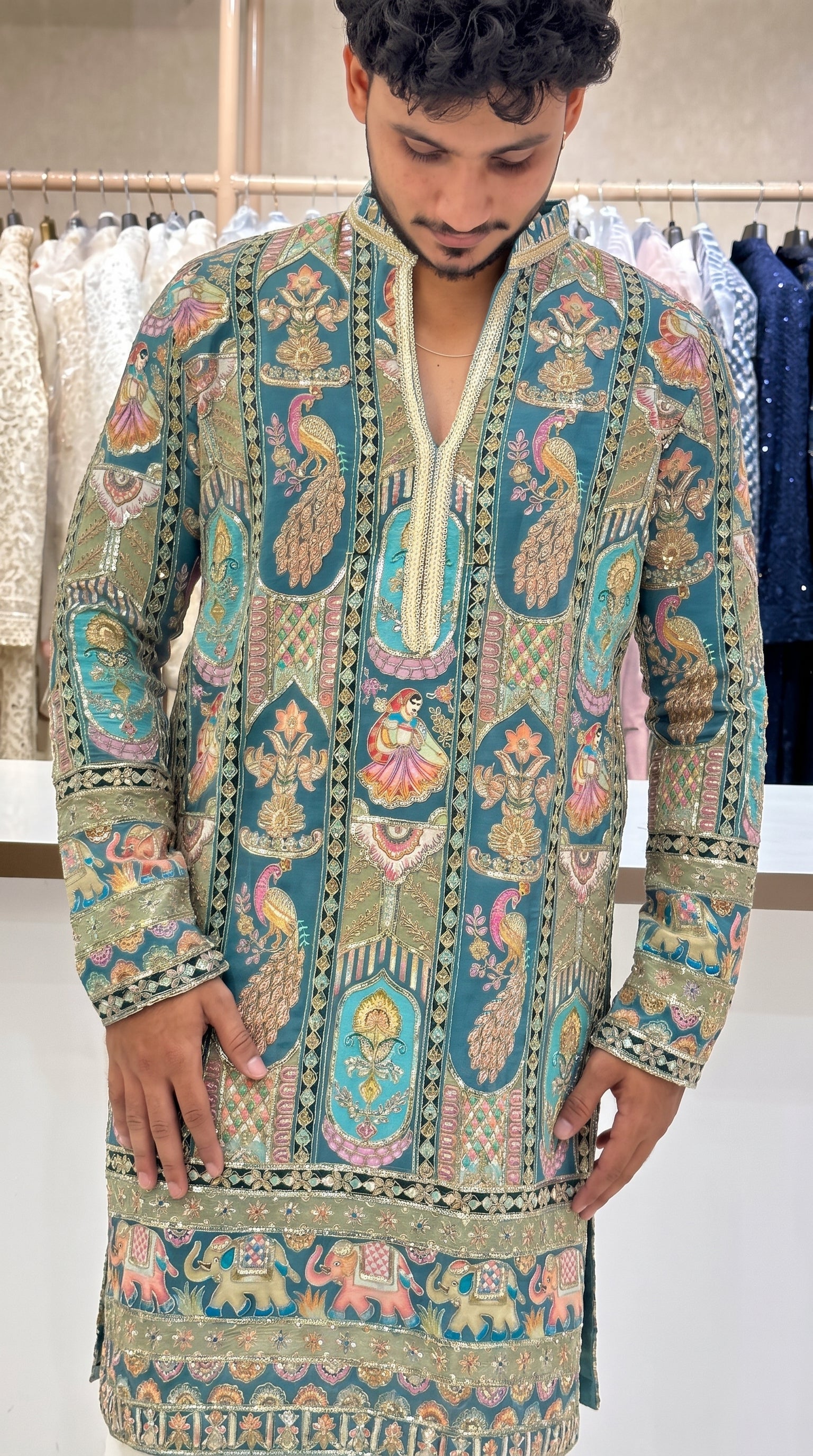 Men's Premium Rama Peacock Print Designer Kurta