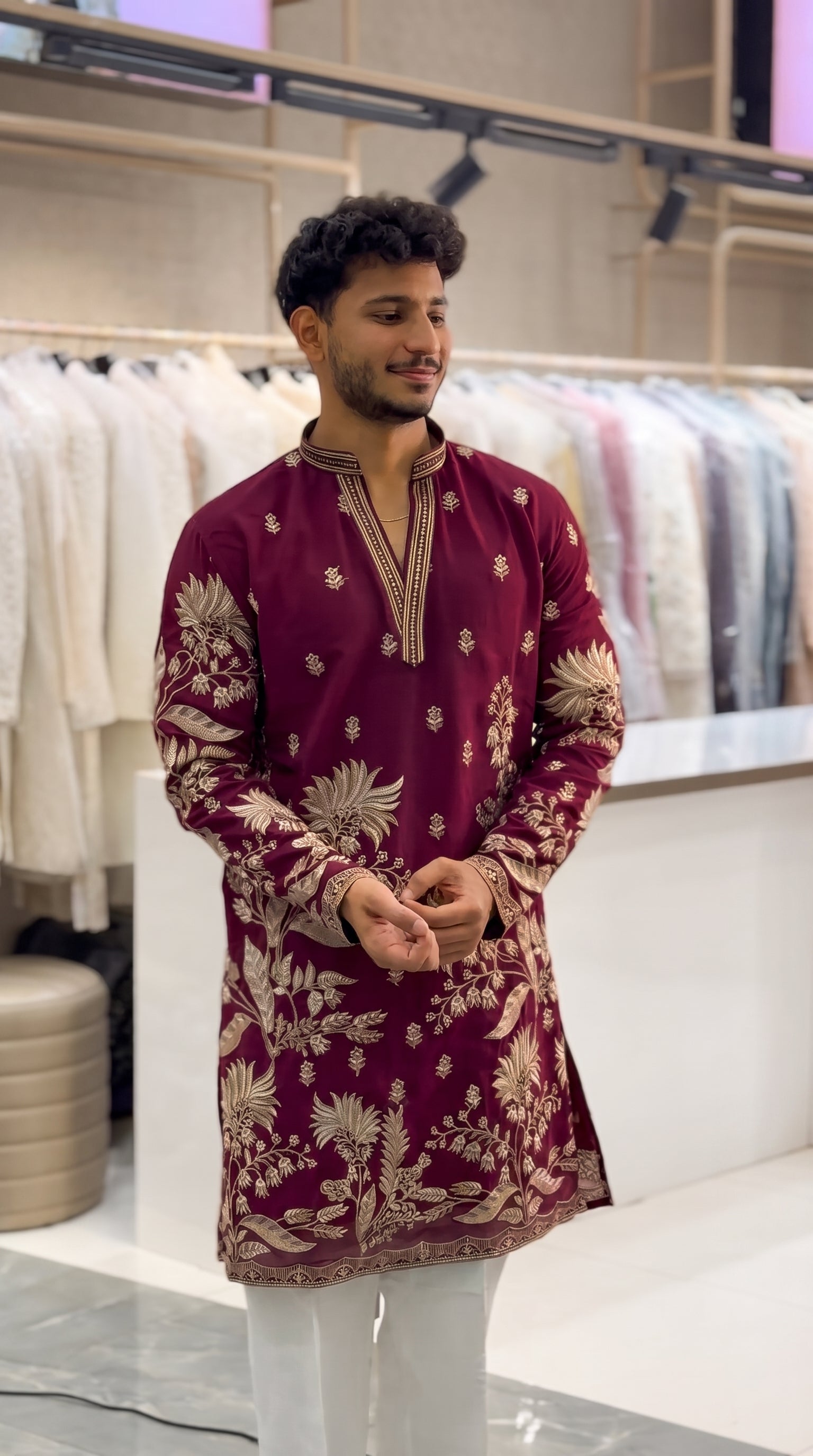Men's Premium Wine Embroidered Kurta