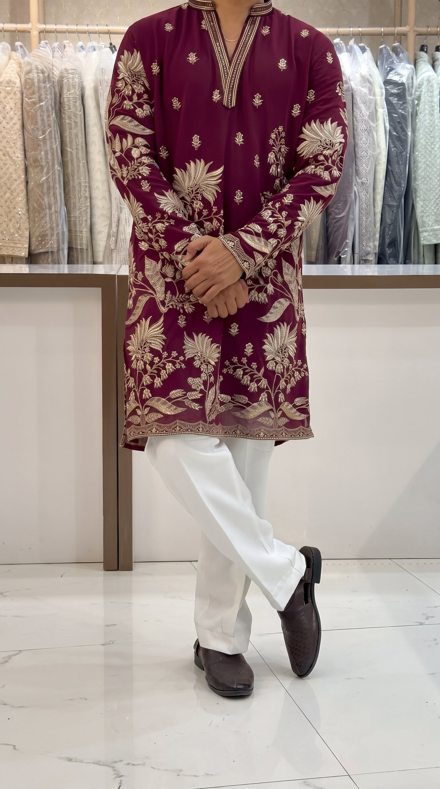 Men's Premium Wine Embroidered Kurta