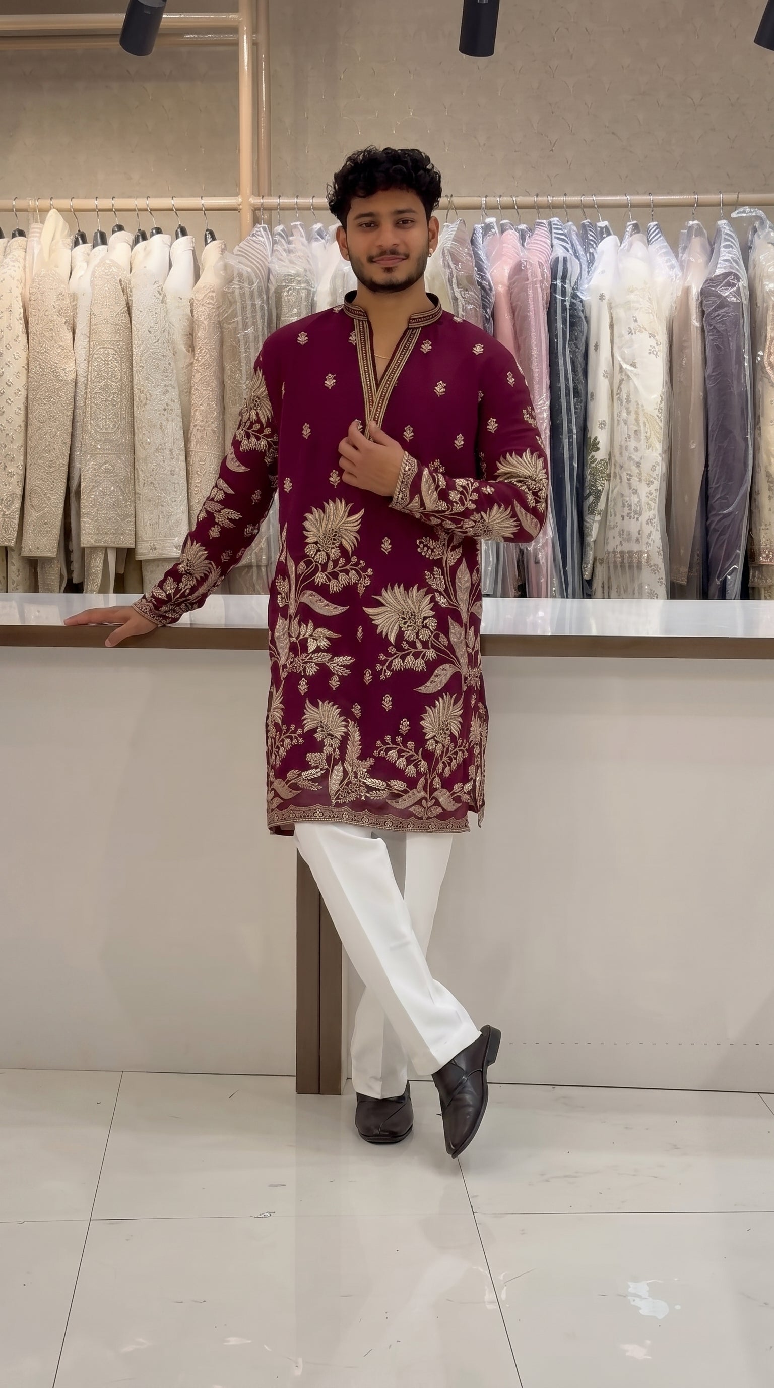 Men's Premium Wine Embroidered Kurta