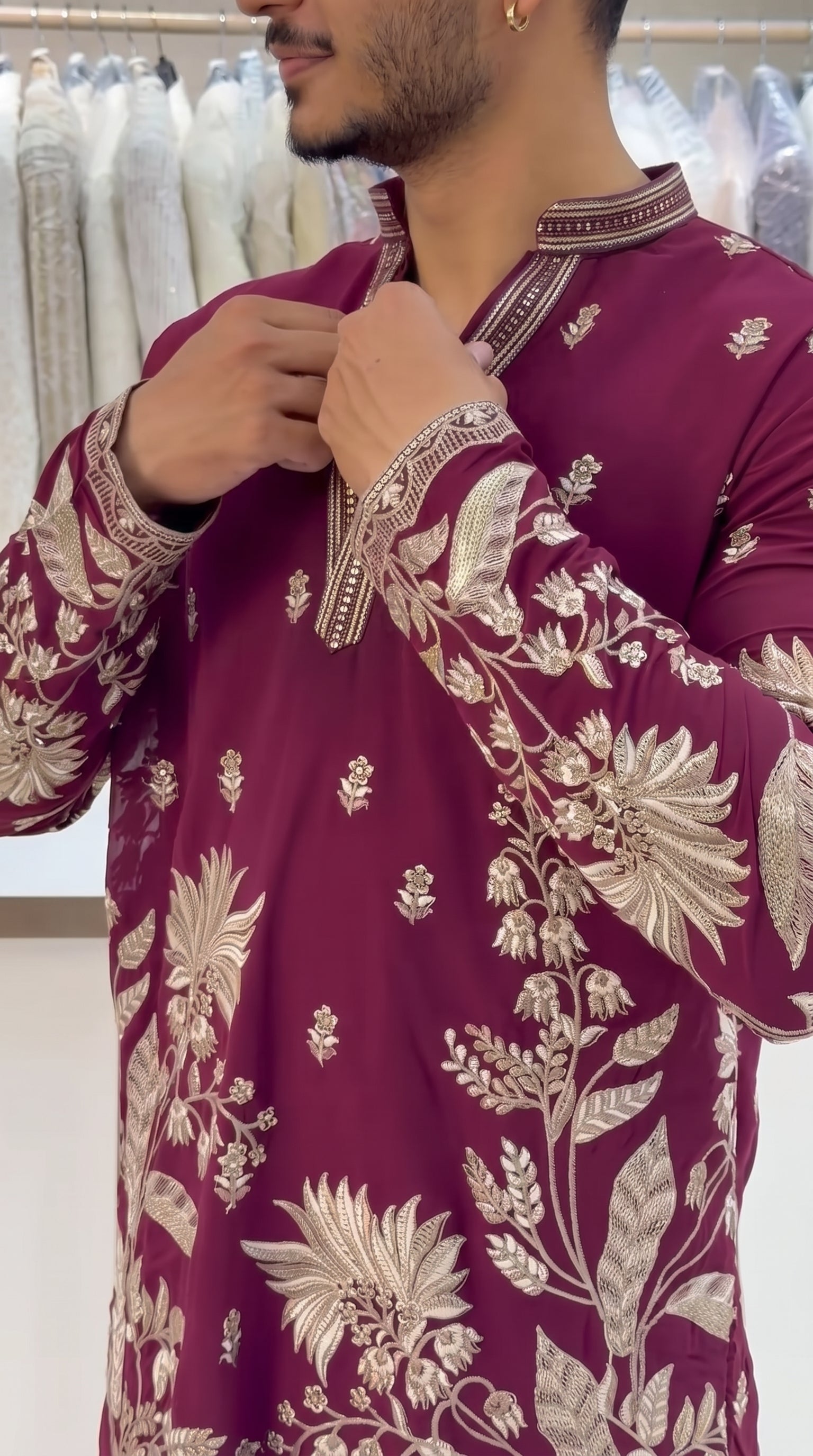 Men's Premium Wine Embroidered Kurta