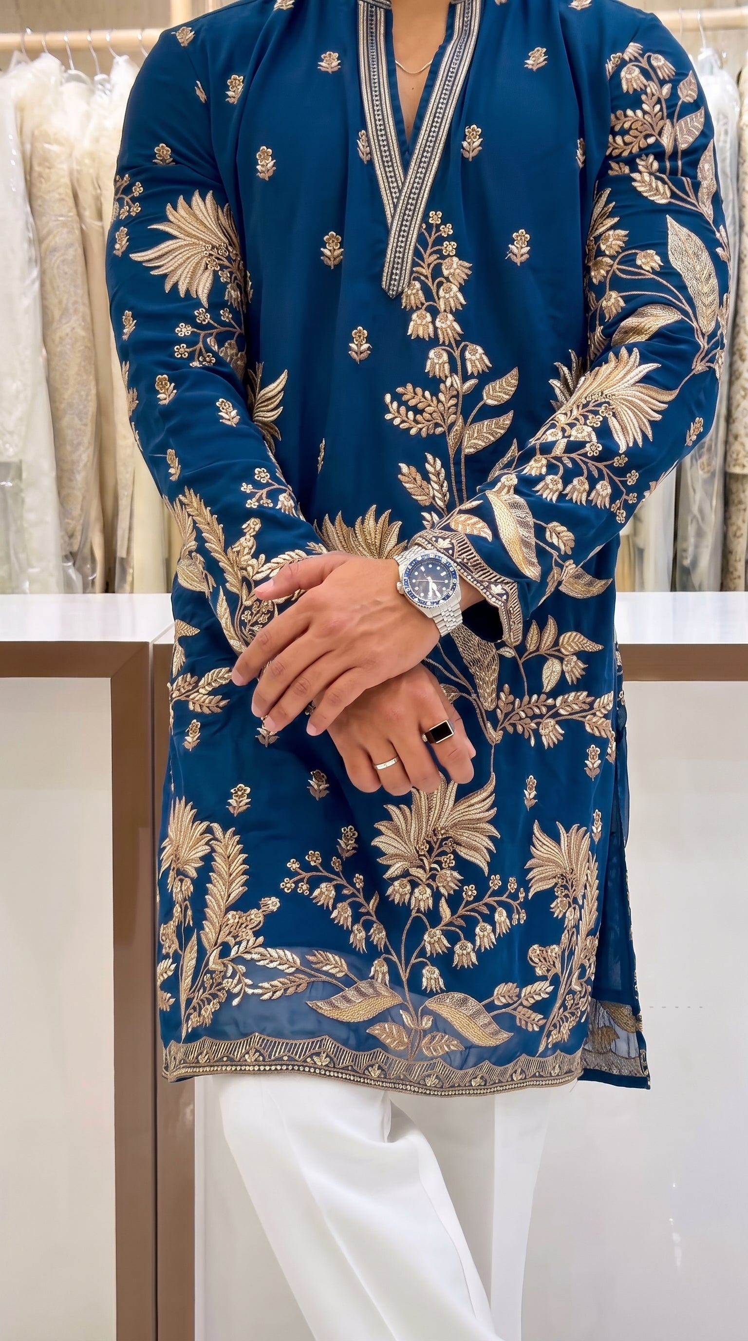 Men's Premium Royal Blue Embroidered Kurta