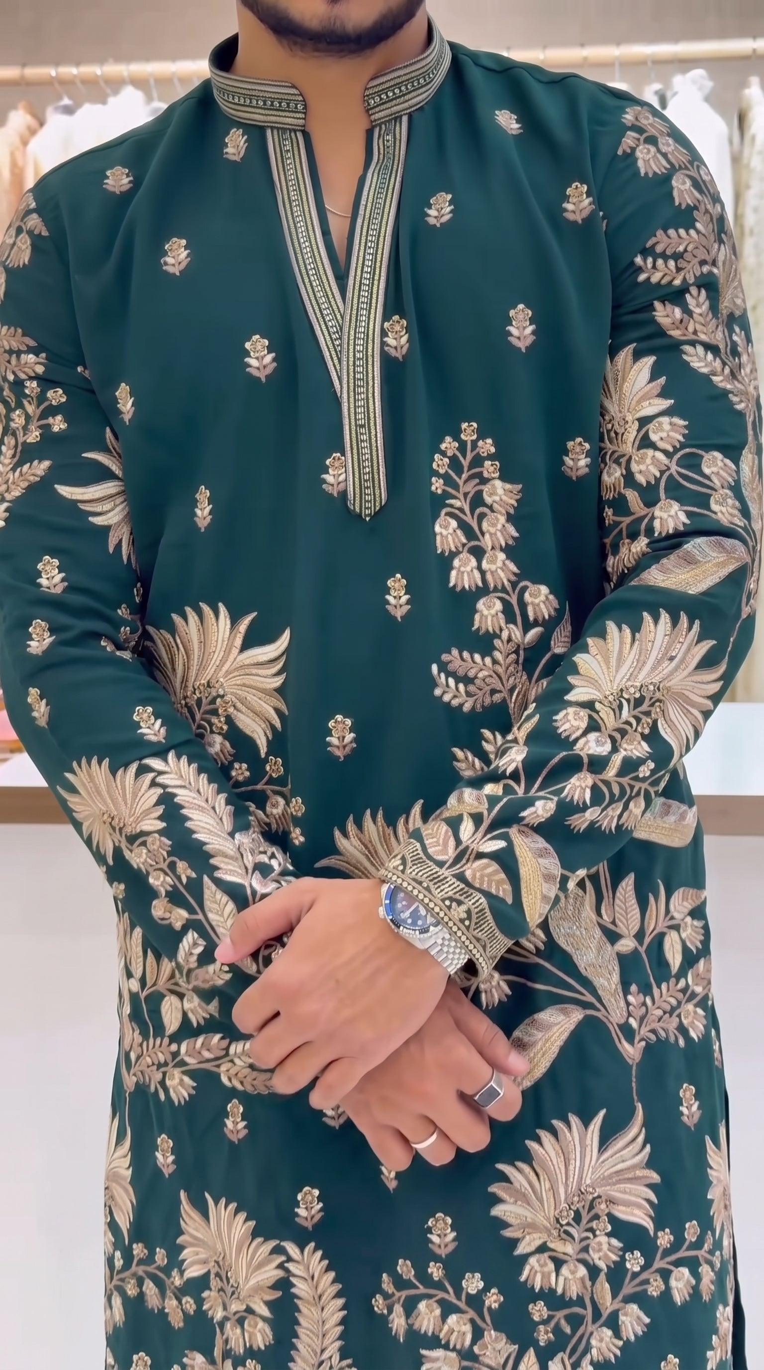 Men's Premium Dark Green Embroidered Kurta