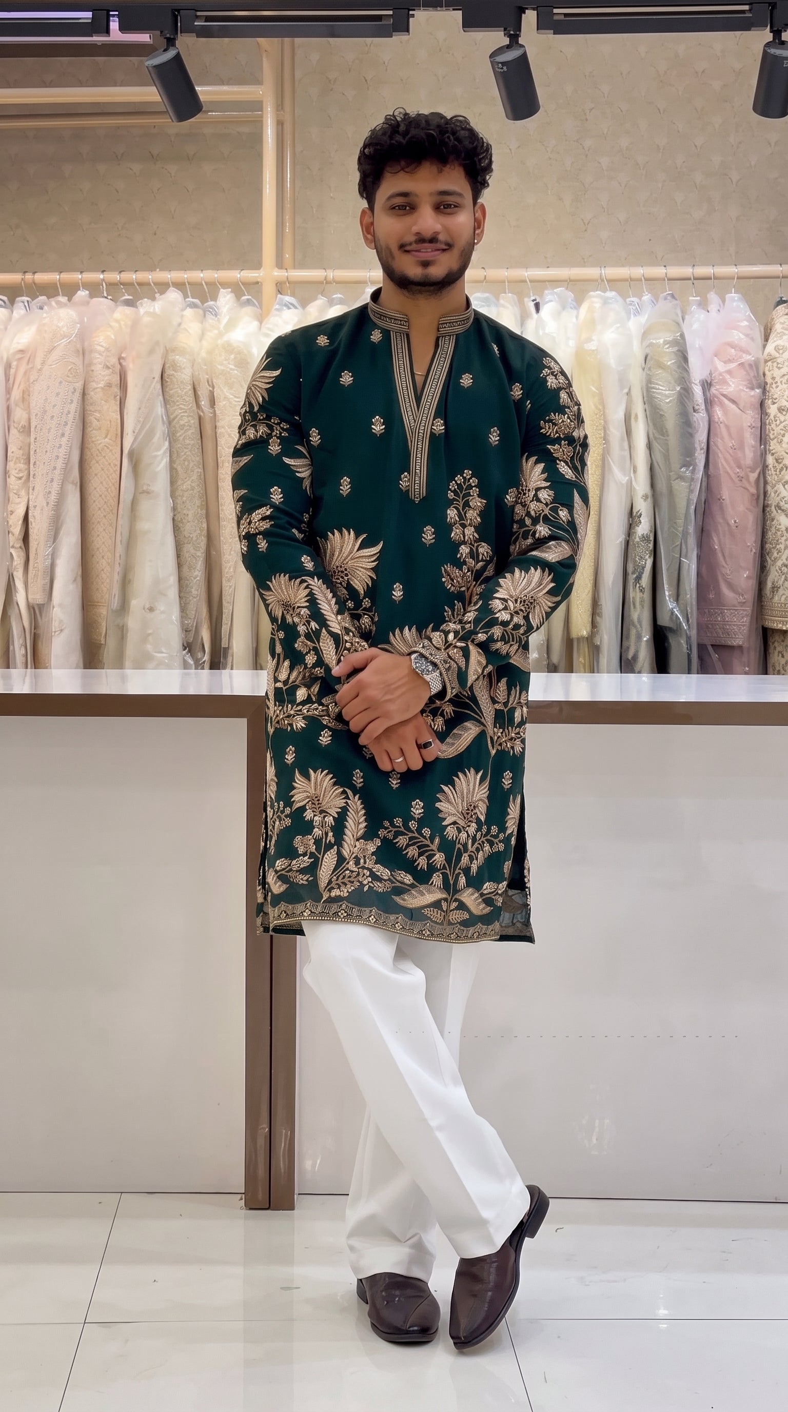 Men's Premium Dark Green Embroidered Kurta